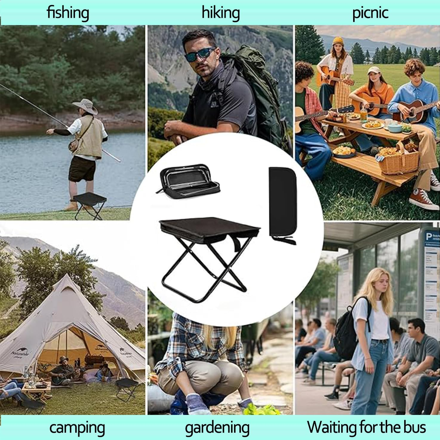 WADY Portable Chair, Portable Stool, Ultralight Travel Stool, Folding Handbag-Style Lightweight Camping Stool, Ompact Seat, for Outdoor Gardening and Beach Hiking Fishing and Camping (Black) - Black image number 4
