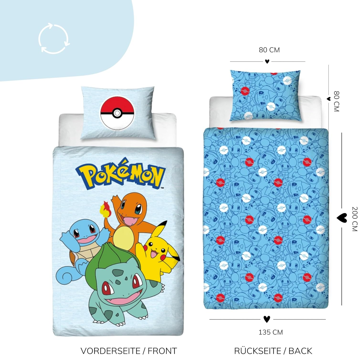 Pokemon Bed Linen 135 X 200 Cm - Children'S Gaming Gift Idea, 1 X Pillowcase 80 X 80 Cm + Duvet Cover 135 X 200 Cm, with Zip - Reversible Motif - Pikachu Fan Item Teenager Boys and Girls Gift image number 6