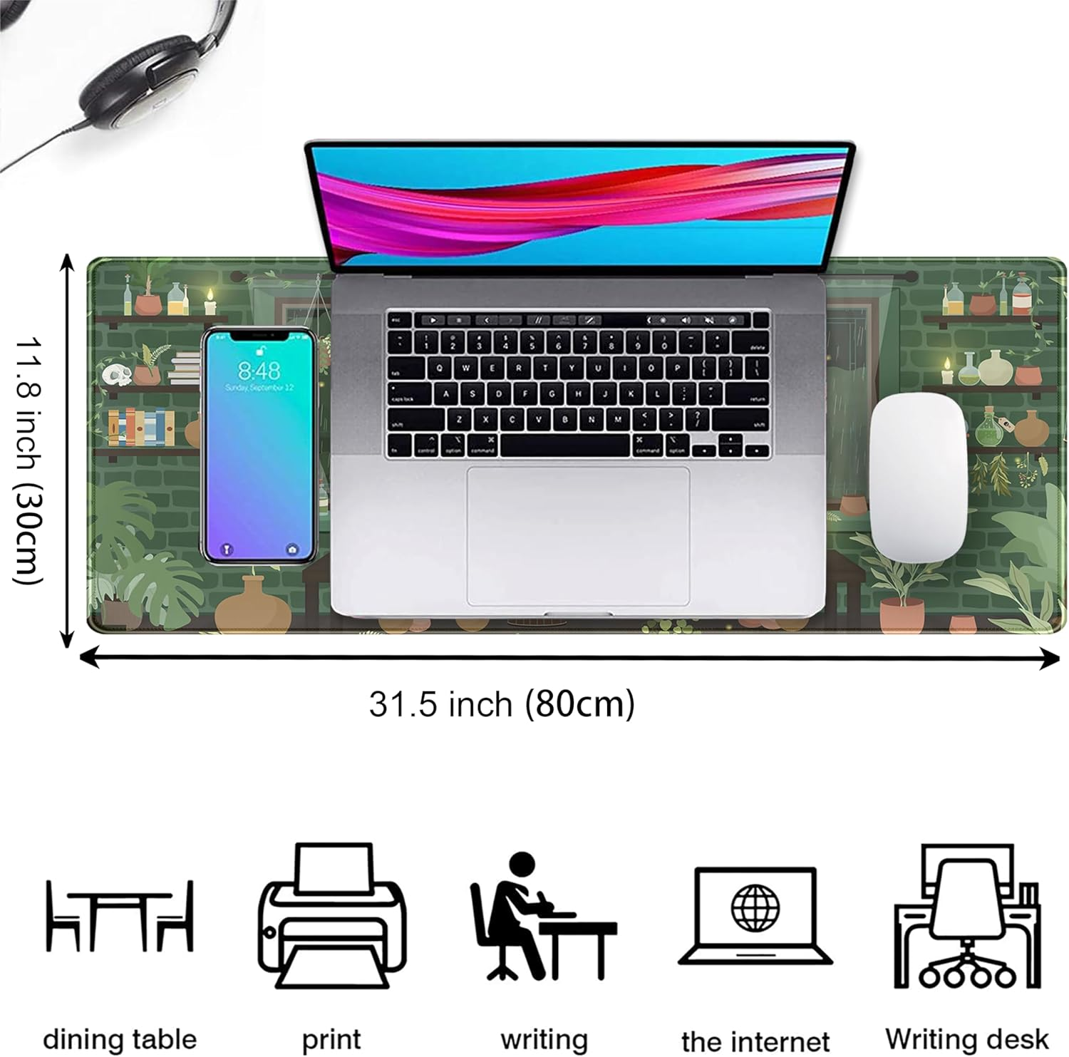 Kawaii Rainy Night Desk Mat Green Plants Gaming Mouse Pad XL, Aesthetic Anime Black Cat Desk Pad Laptop Computer Keyboard Mouse Mat, Desktop Decor Accessories for Girl Women Office 31.5"X11.8" image number 5