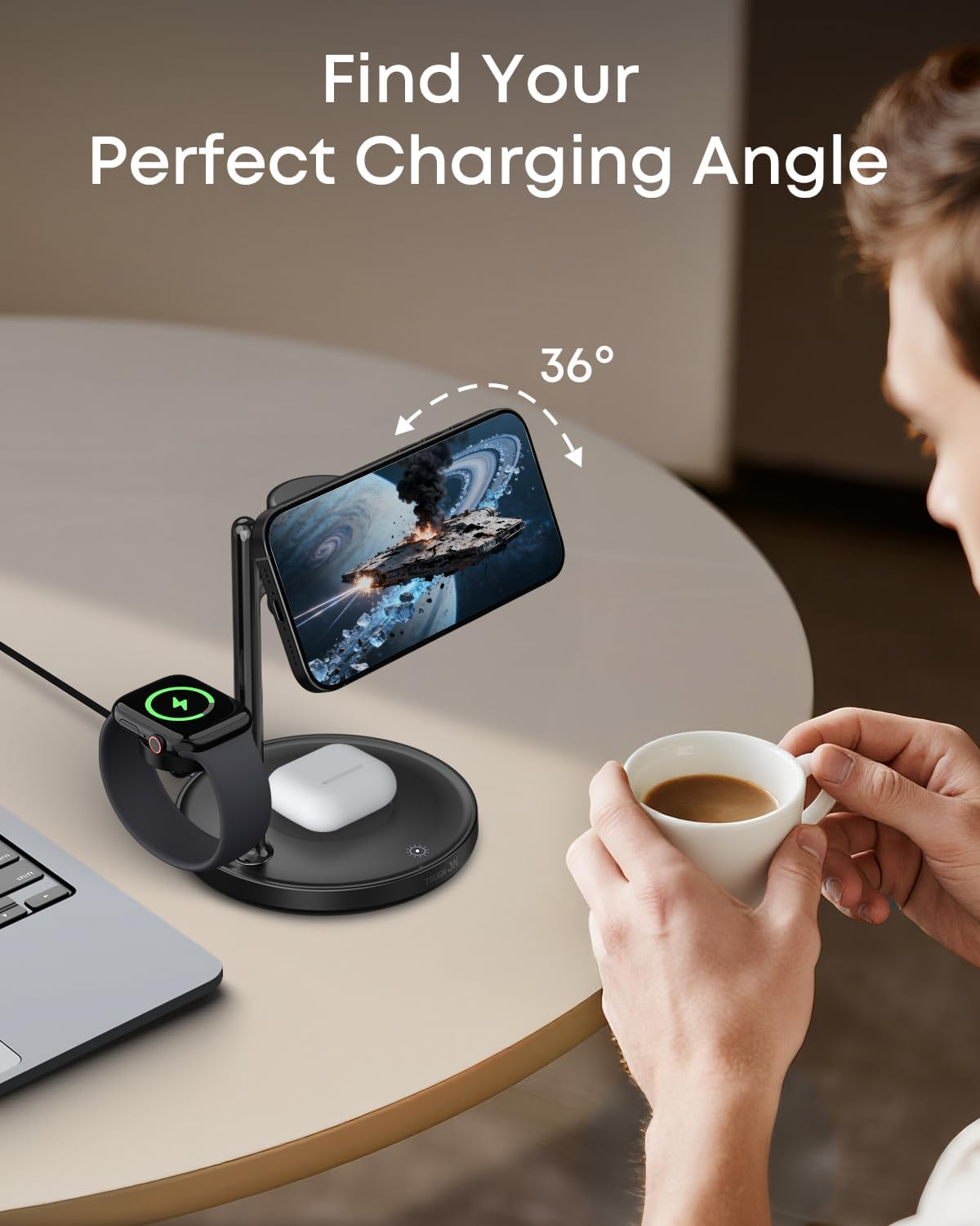 TOUGH on Magmore 4 in 1 Wireless Charger, Qi2 Certified 15W Fast Charging Station with Dimmable Night Light, Magsafe-Compatible Stand for Iphone 17/16/15, Apple Watch, Airpods, Samsung Galaxy Devices image number 6