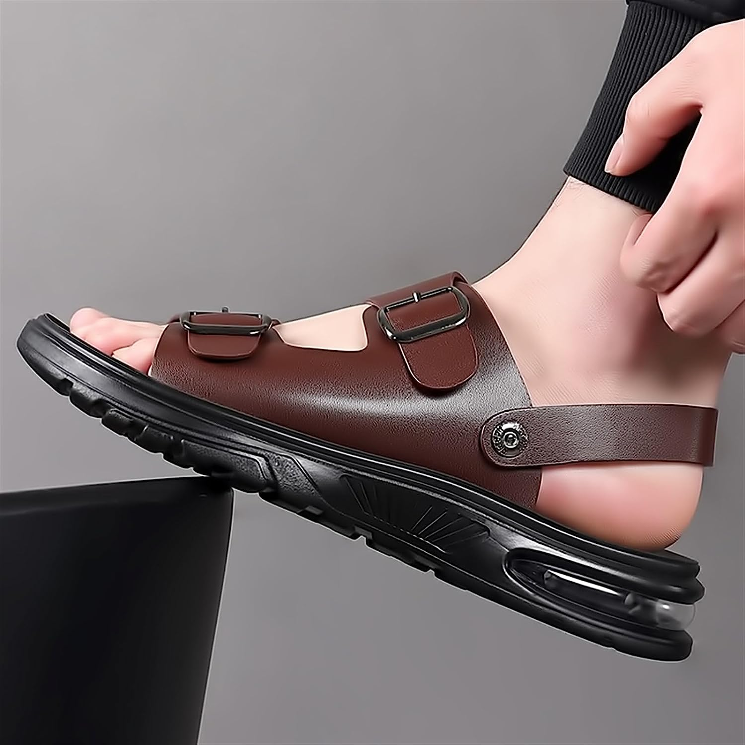 Men Leather Sandals Fashion Arch Support Non Slip Large Hollow Breathable Sandals Men Beach Shoes Hole Shoes (Color : Dark Grey, Size : 8) image number 4