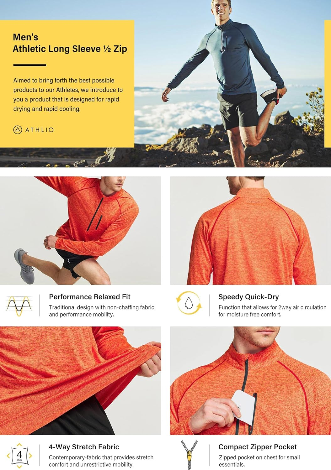 ATHLIO Quick-Dry UV Protection Long Sleeve Shirt - Men'S 1/4 Zip Athletic Running Top 3Pack image number 6