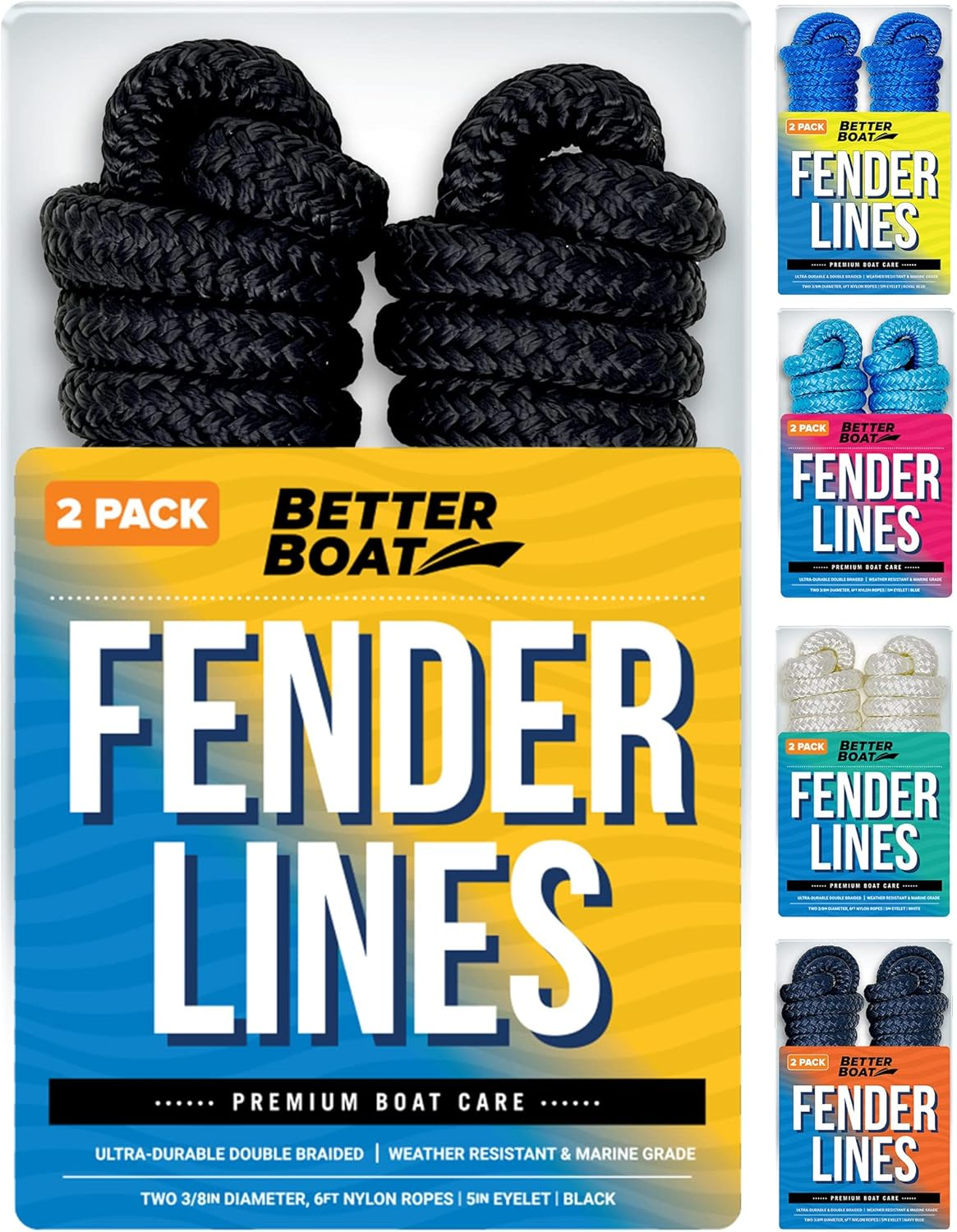 Better Boat 2 Pack Black Marine Grade Double Braided Nylon Dock Line with Loop, 6 Feet X 3/8 Inch, Compatible with Boat Bumpers Fenders