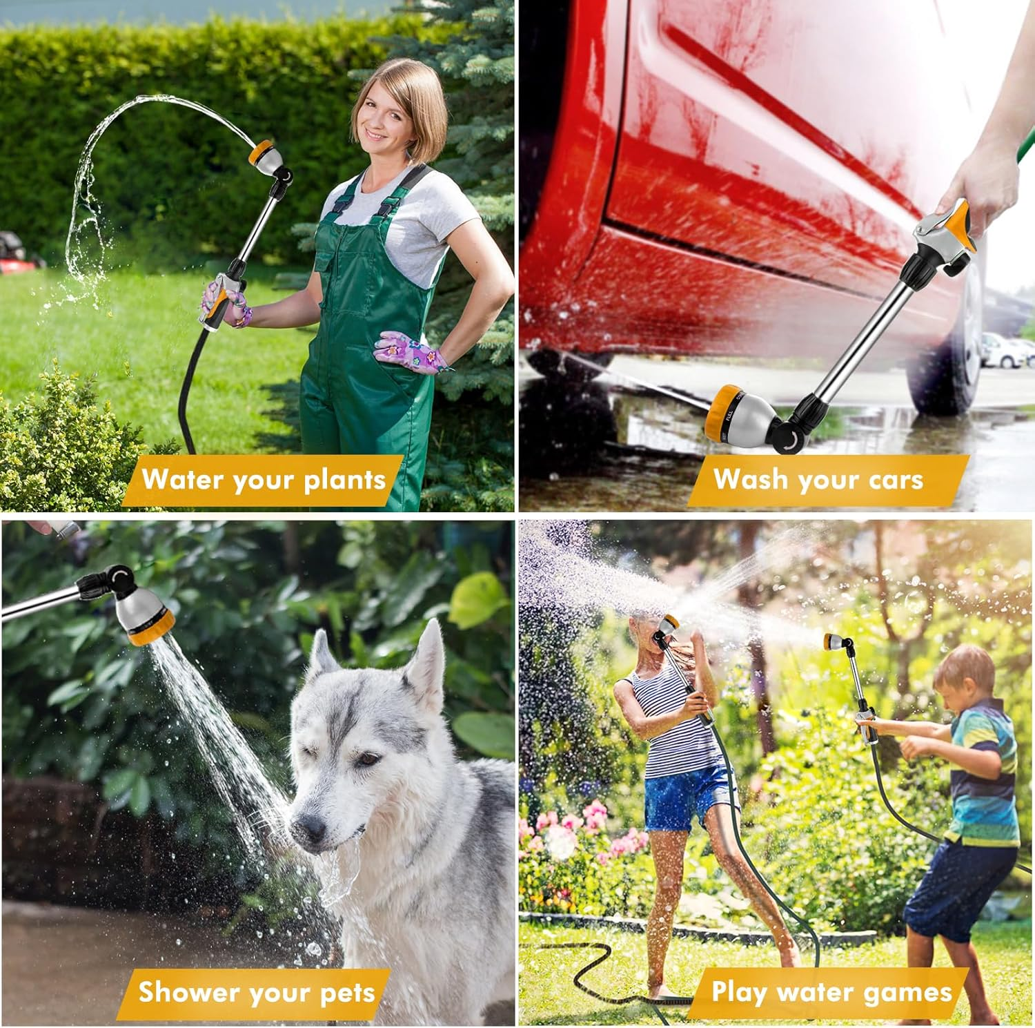 RESTMO Watering Wand Heavy Duty, Long Metal Spray Nozzle | 180&deg; Adjustable Ratcheting Head | 7 Spray Patterns Extension Hose Wand, Perfect Garden Sprayer Gun to Water Hanging Baskets, Shrubs, Yellow - Yellow image number 5