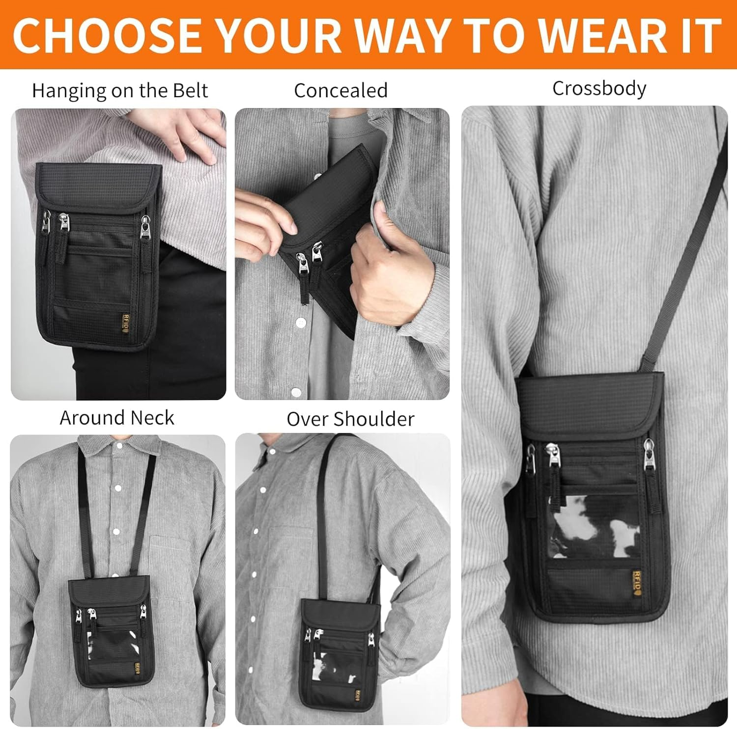 Travel Neck Wallet,Passport Holder Neck Pouch for Men Women with Adjustable Neck Strap and RFID Blocking, Black, Leisure image number 3