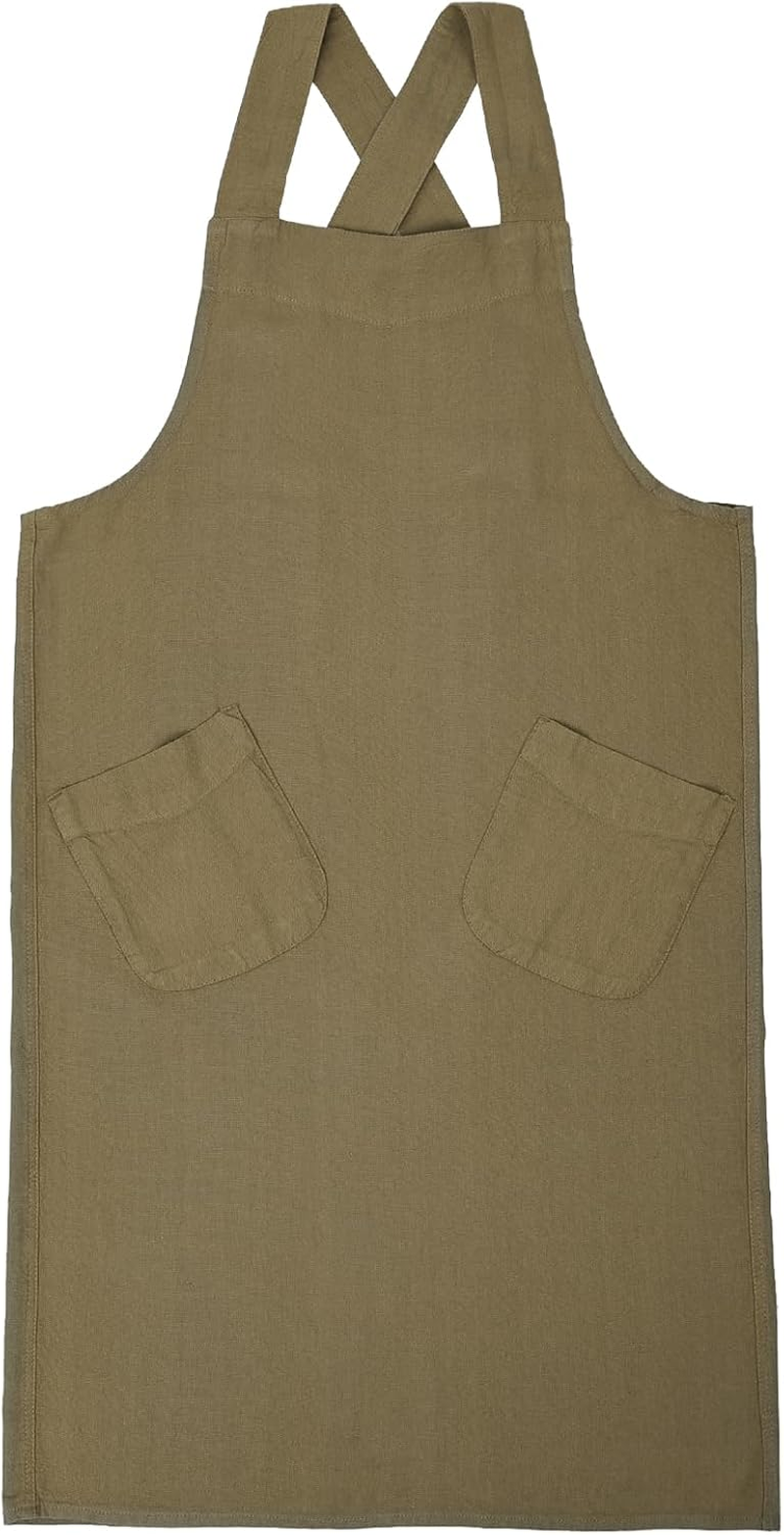 Surblue Cotton Linen Aprons for Women Cross Back Kitchen Apron with Pockets Pinafore Dress for Baking Cooking Gardening Work