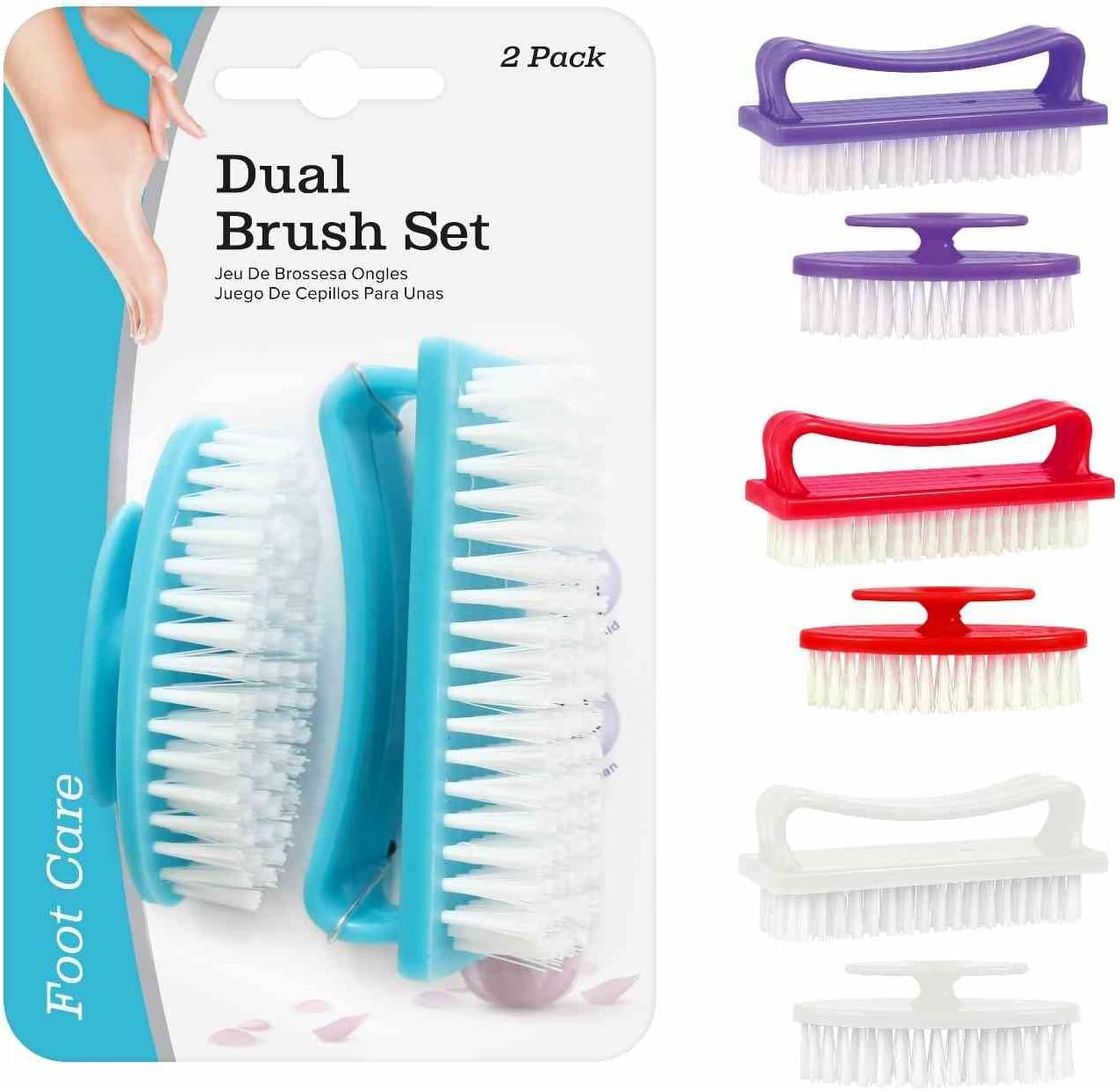 EVERY UBL Nail Brush Set, 4 Assorted Designs, 2 Pack (Nylon Bristles, Plastic Handle, Multicolor)