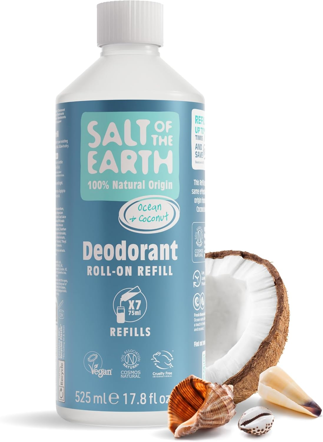 Natural Roll-On Deodorant Refill by Salt of the Earth, Ocean & Coconut - Vegan, Long Lasting Protection, Leaping Bunny Approved, Made in the UK - 525 Ml image number 1