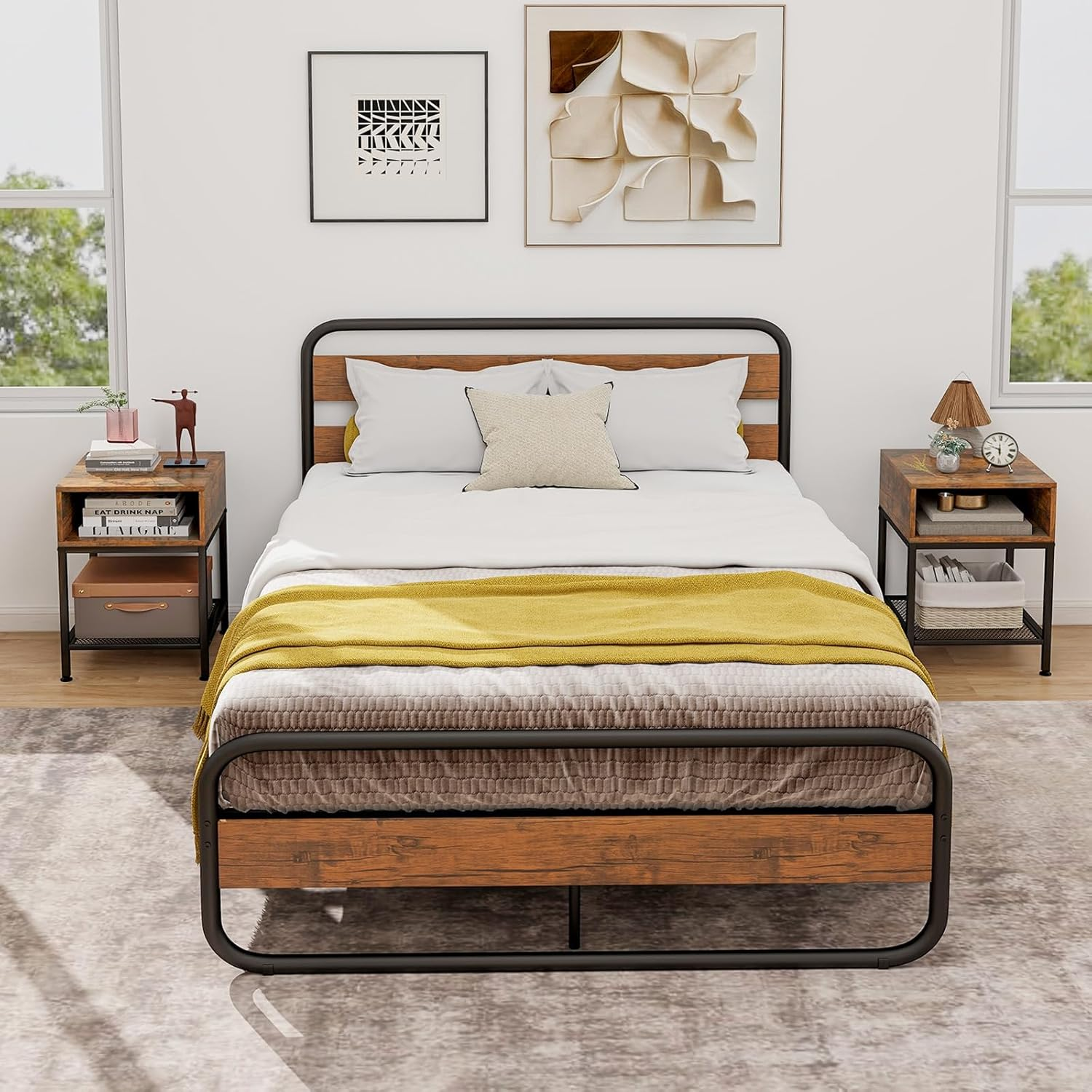 Costway End Table, 2-Tier Industrial Side Table with Mesh Storage Shelf, Stable Metal Frame, Adjustable Foot Pads, Nightstand Bedside Table for Living Room Bedroom Small Spaces image number 4