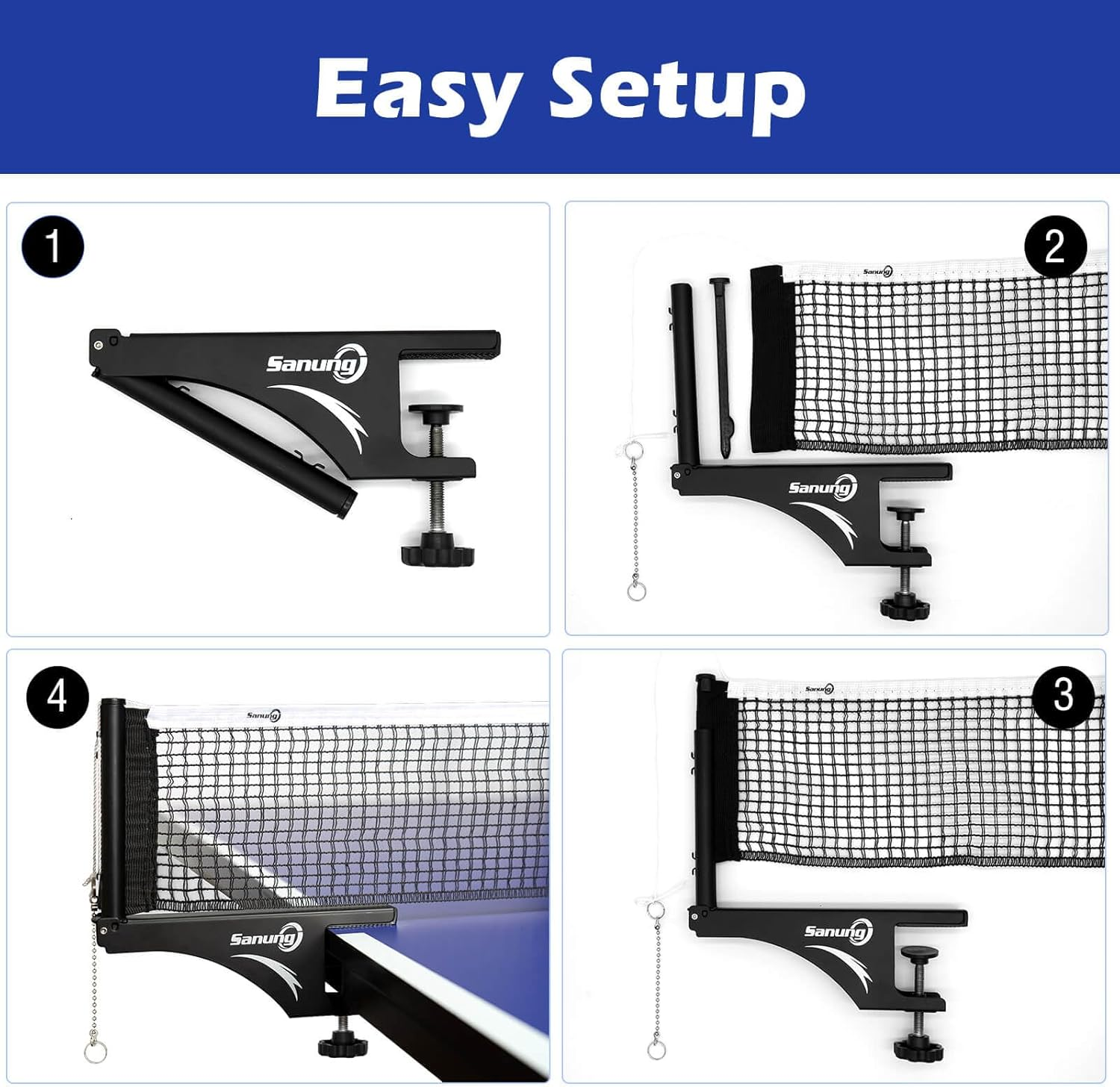 Sanung S207 Table Tennis Net and Post Set, Collapsible Ping Pong Mesh Net Clip with High Strength Grip Holder Adjustable Screw Clamp Post Kit for Professional Training Competition Game Playing