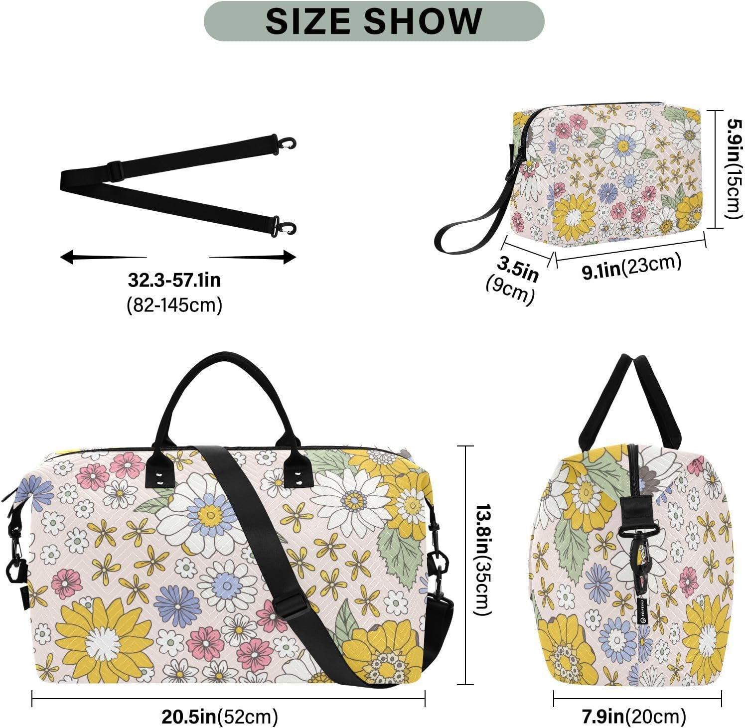 Travel Tote Bag Travel Weekender Gear Bag Floral Vintage Scandinavian Gym Bag with Adjustable Strap for Trekking, Floral Vintage Scandinavian, Set of 2, Art Deco image number 3