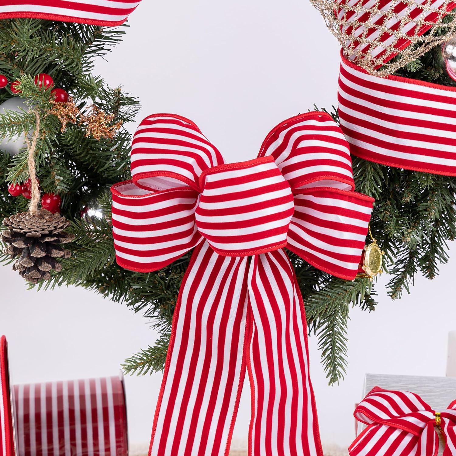 Red Velvet Striped 2.5Inch Wide*10Yards Red Velvet Striped Wired Ribbon and White Satin for Christmas Tree,Holiday,Garland,Gifts,Wrapping,Wreaths,Bows(2.5" Stripe) image number 4