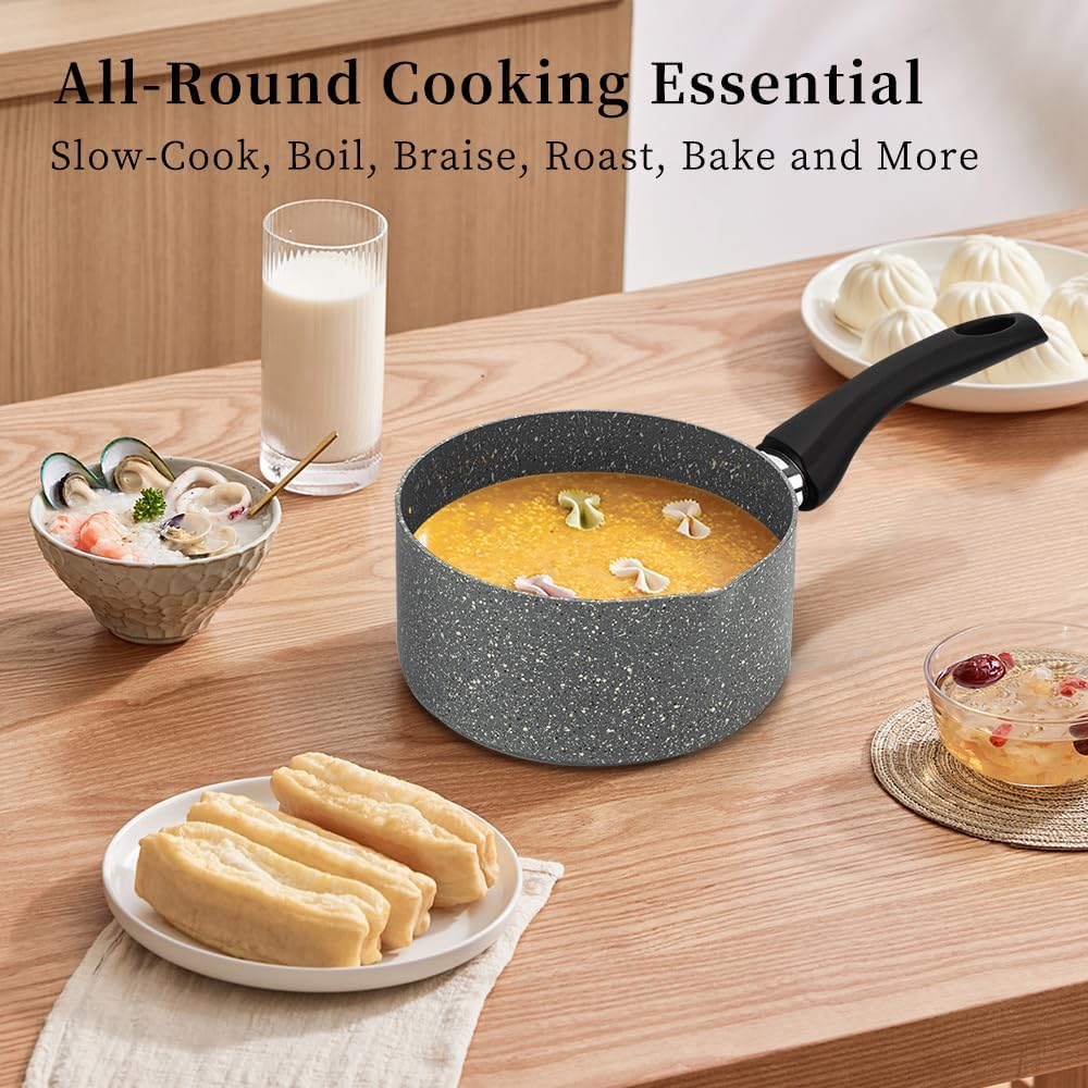 RELICE Nonstick Saucepan 1.6 Quart with Strainer Glass Lid Small Multipurpose Pasta Pot Stay-Cool Handle Kitchen Cookware for Soup Milk Noodle, Induction Comptable, PFOA Free 2025 New (16 Cm) 1.5L image number 6