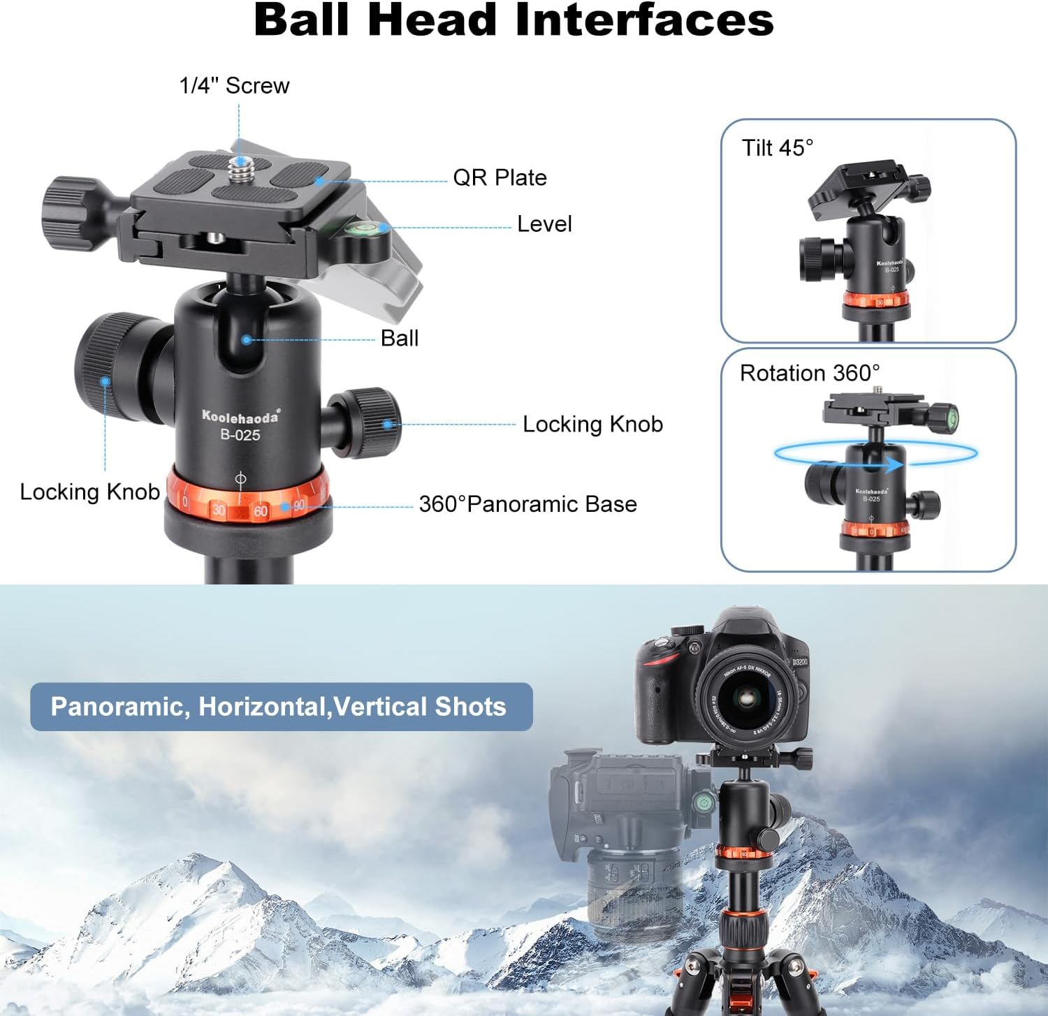 Koolehaoda Camera Mini Tripod 25Inch Portable Metal Tripod with 360&deg; Ball Head, 1/4" Arca Type Quick Release Plate for DSLR Camera Video Camcorder, Load up to 10KG - (Orange) image number 1