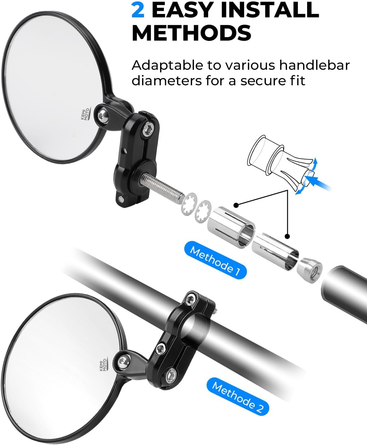 KEMIMOTO Universal Motorcycle Mirror, 360&deg; Rotatable Motorcycle Handlebar Bar Rear View Side Mirror, Compatible with 13-21 Mm Handlebar Inner Diameter image number 4