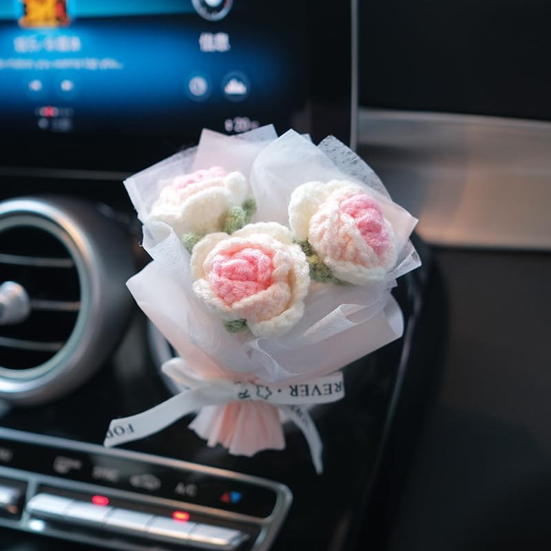 Handmade Pink Rose Car Vent Decor &ndash; Knitted Flower Bouquet, Elegant Gift Box, Perfect Car Interior Accessory for Women and Girls image number 5