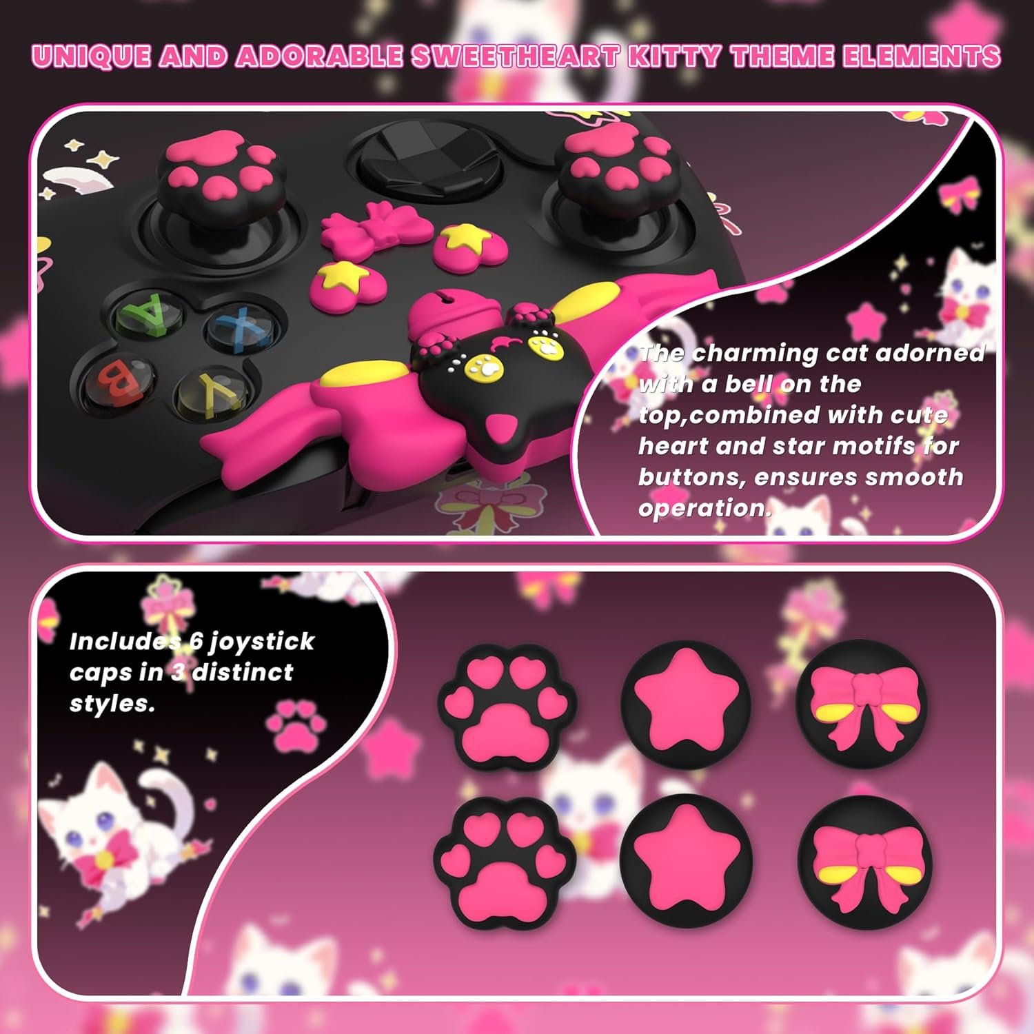 Playvital Sweetheart Kitty Silicone Cover Compatible with Xbox Series X/S Controller with Thumb Grips and Stickers, Soft Rubber Protector with Anti-Slip Grip for Xbox Core Controller - Black - Black image number 5