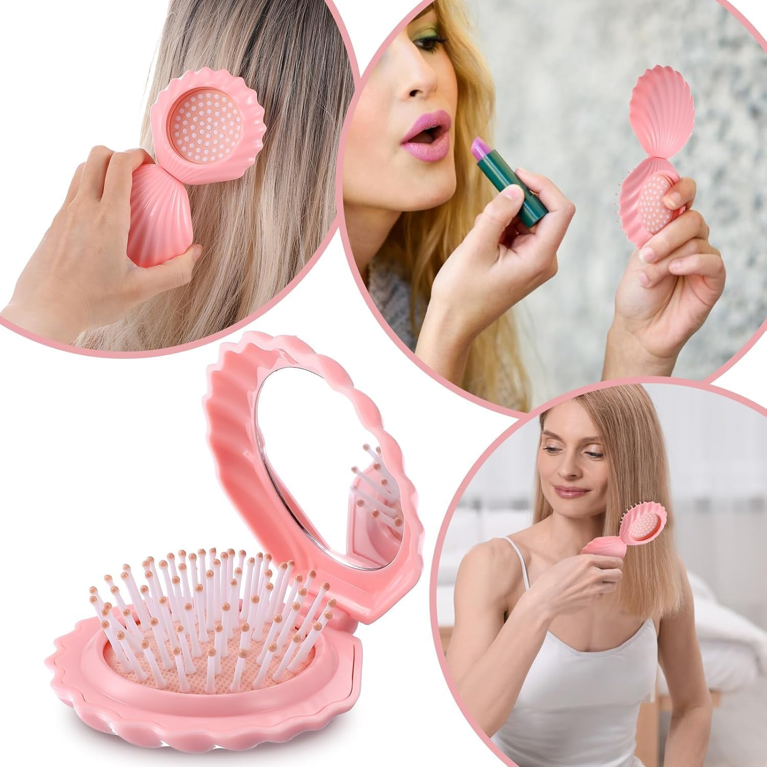 2Pcs Shell Shape Pocket Hair Brush with Mirror,Folding Travel Hair Brush with Mirror,Shell Shape Pocket Hair Brush with Mirror Folding Hair Brush Portable Cute Hair Massage Comb Mini Hair Brush image number 2