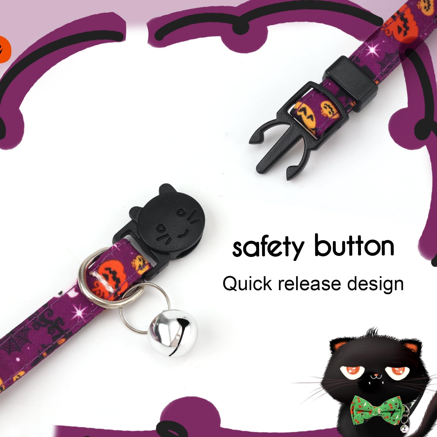 2Pcs Halloween Cat Collars, Adjustable Cotton Fabric Halloween Cat Collar with Bell Cute Soft Comfortable Kitten Collar with Bow (Green+Hat, Purple+Pumpkin)
