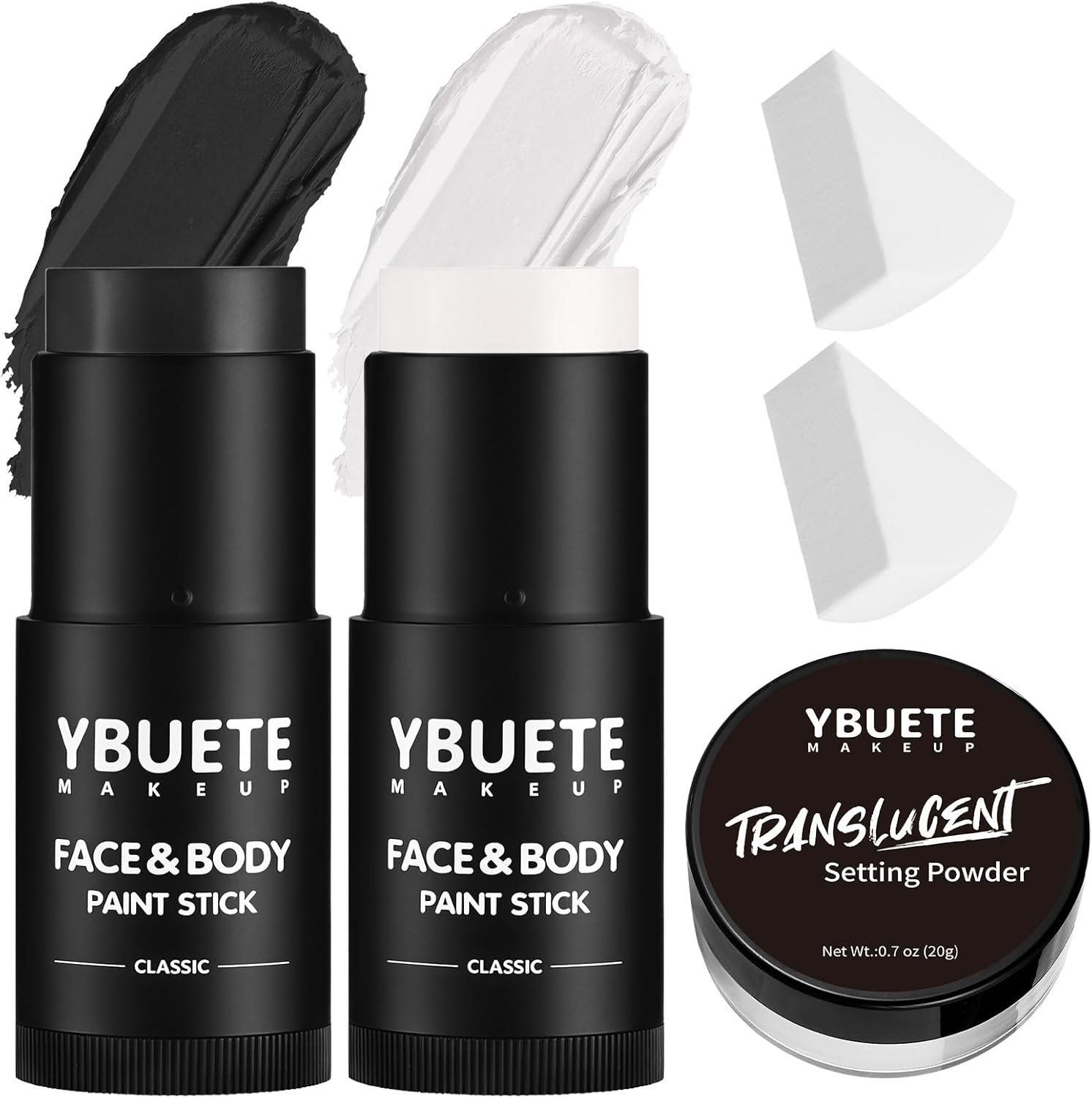 YBUETE White Black Face Body Paint Stick Set with Translucent Setting Powder and Sponges, Professional Full Coverage Face Painting for Adults Halloween Cosplay SFX Skull Zombie Skeleton Goth Makeup image number 5