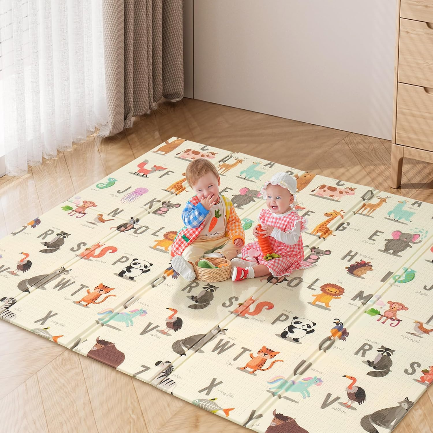 Playpals 200&times;180CM Foldable Baby Play Mat, Double-Sided Waterproof Playmat for Babies, Toddlers & Infants, Reversible Baby Mat with Travel Bag, Indoor and Outdoor Use, Rainbow+Tall Buildings
