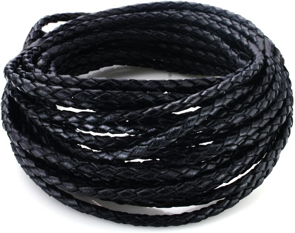 BEADNOVA 3.0Mm round Folded Bolo Genuine Braided Leather Cords for Bracelet Necklace Jewelry Making 5M Black