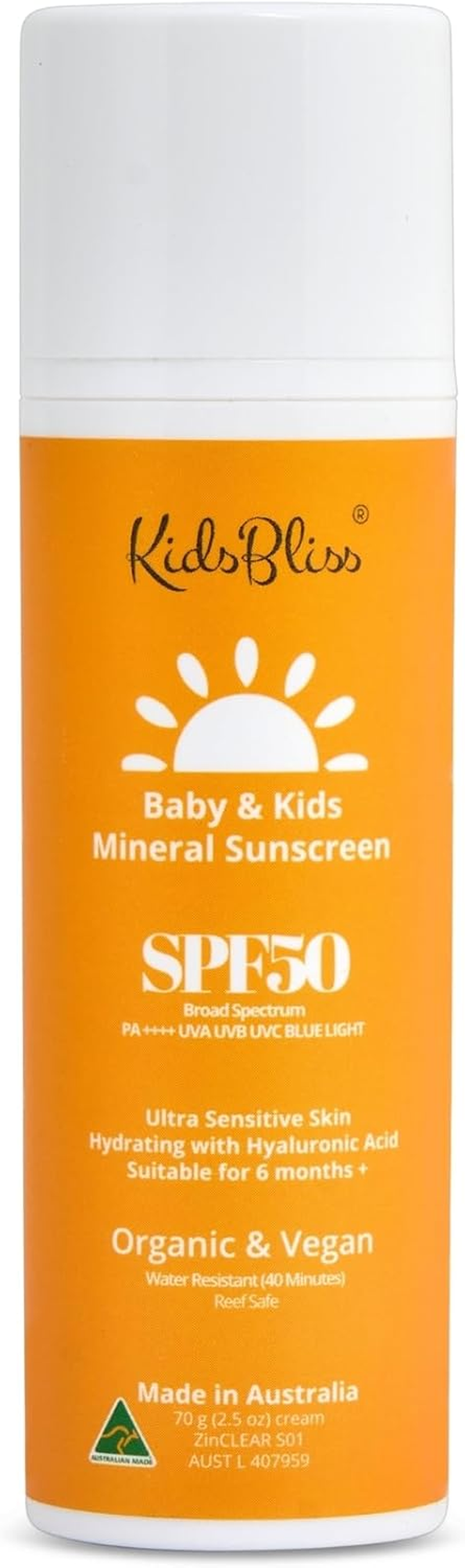 Organic Baby & Kids Mineral Sunscreen SPF 50 | 25% Non-Nano Zinc Oxide for Sensitive Skin | No White Cast, Non-Greasy & Fragrance-Free | TGA & FDA Approved | with Hyaluronic Acid - 70G image number 2
