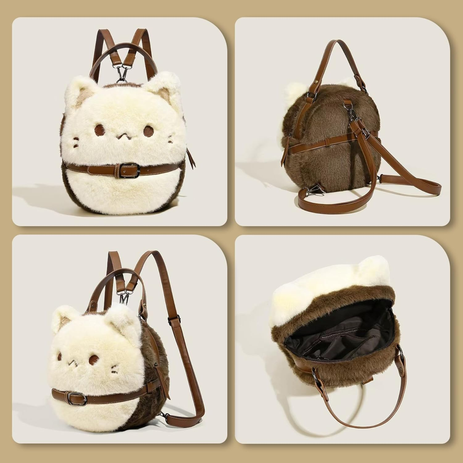 Cat Purse Cute Plush Kitty Purse with Lear Collar Kawaii Mini Backpack Soft Adjustable Shoulder Handbags Use for Cat Lovers image number 2