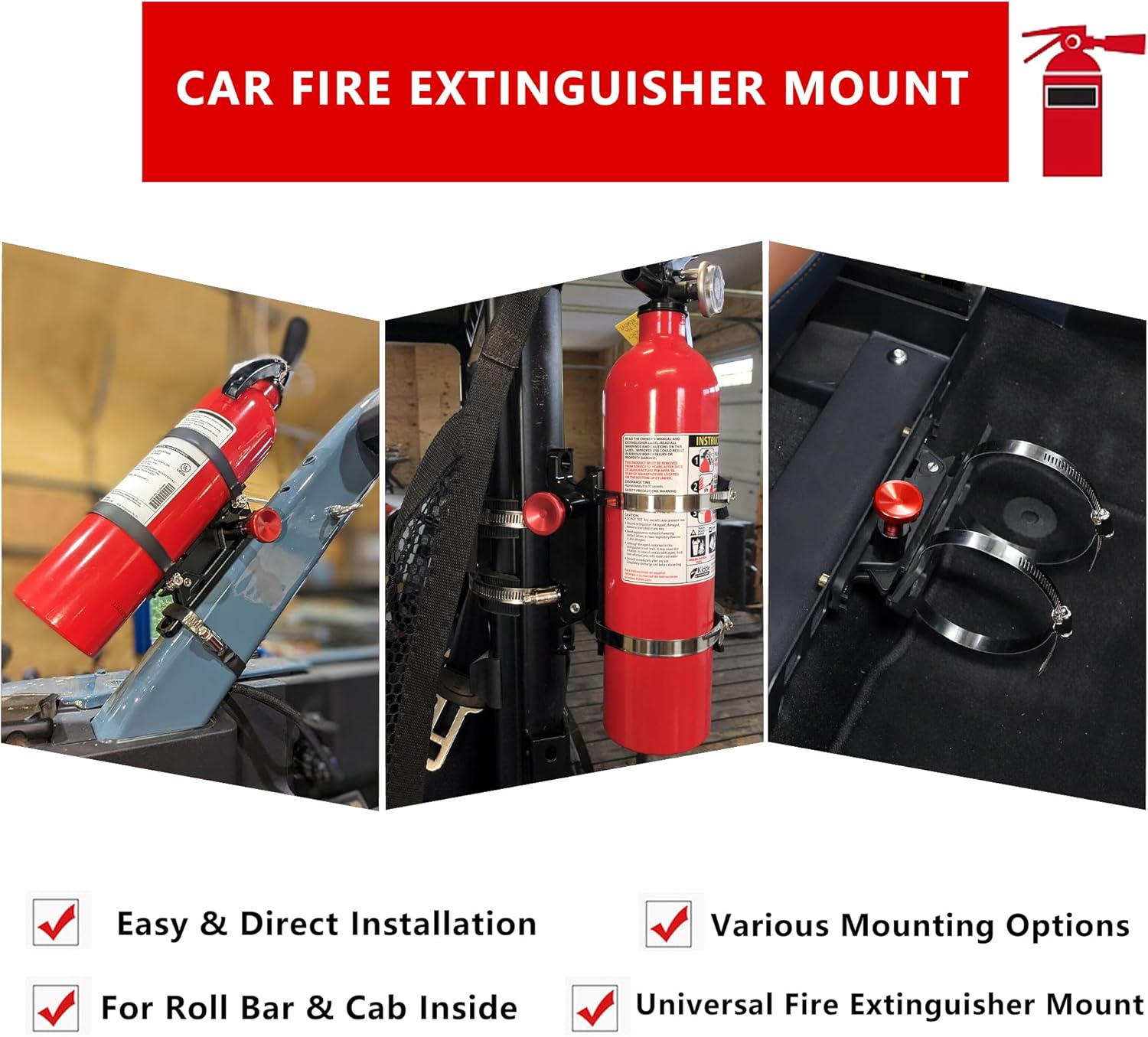Quick Release Fire Extinguisher Mount - Aluminum Adjustable UTV Roll Bar Fire Extinguisher Holder Mounting Bracket for Jeep Wrangler TJ JK JL JKU Polaris RZR Ranger Cam-Am X3 Universal image number 5