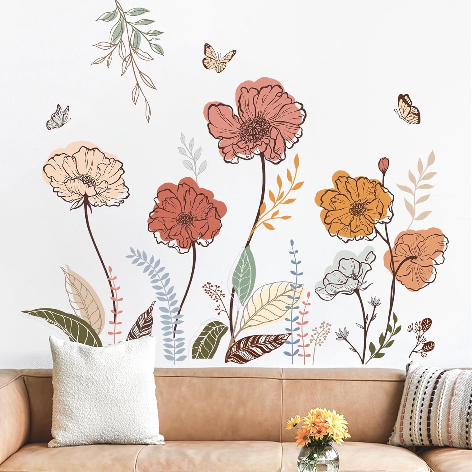 Wondever Boho Flower Wall Stickers Wildflower Floral Grass Peel and Stick Wall Art Decals for Living Room Bedroom TV Wall