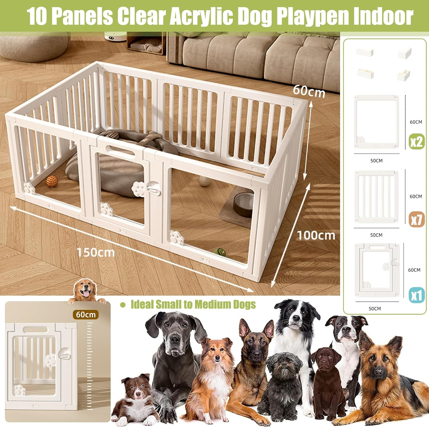 LIODUX Modern Dog Playpen, Clear Acrylic Plastic Puppy Playpen, Design Transparent Freestanding Pet Pen Fence, Easy Assemble Foldable Dog Crate for Puppy Cat Bunny (White, M, 10 Panels) image number 1
