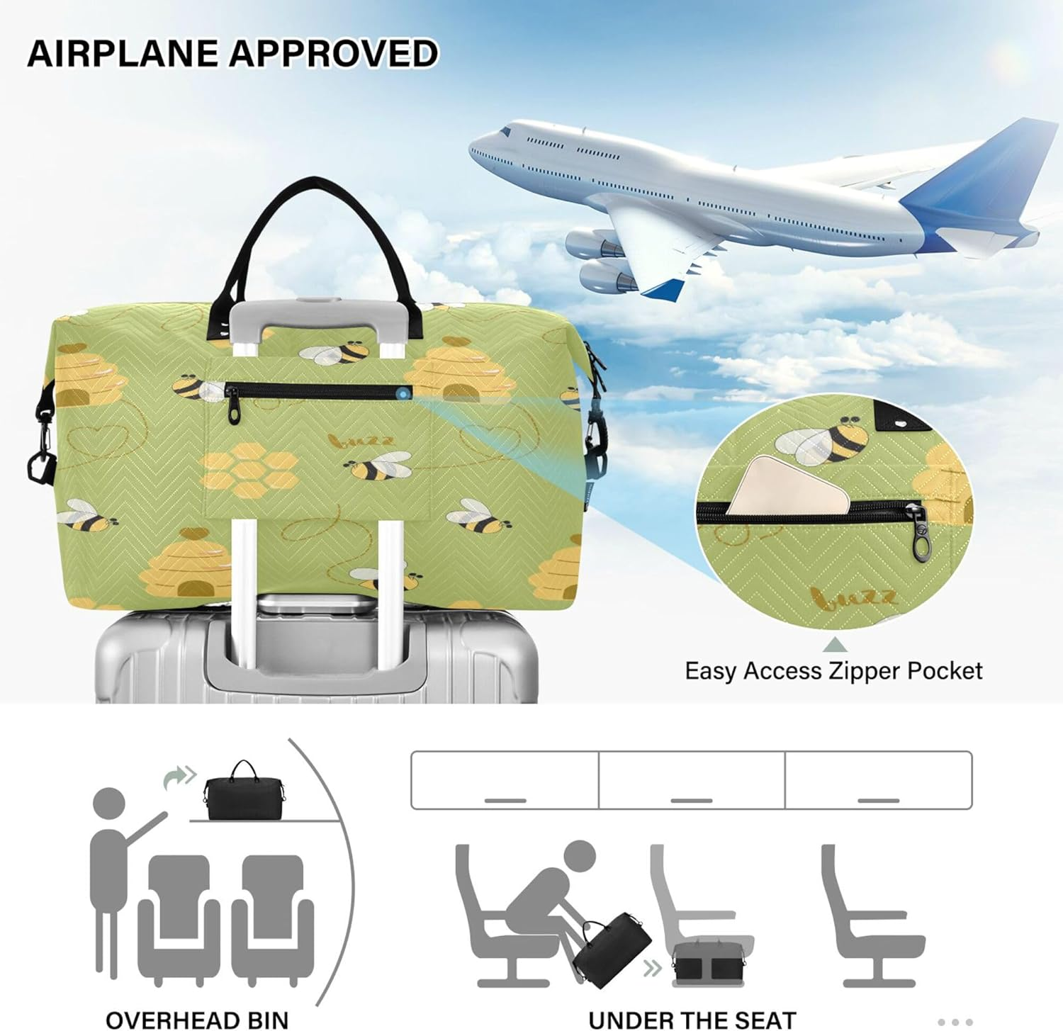 Travel Hand Bag Gym Bag Weekender Duffel Bag with Adjustable Strap for Trip Foldable Bee Happy Good Luck Sweet Honey Pattern Hive, Multi, 1 Size, Modern/Fitted, Multi, 1 Size, Modern/Fitted image number 5