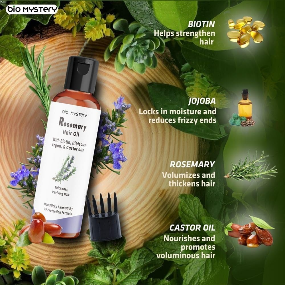 Bio Mystery Rosemary Oil for Hair Growth Infused with Biotin, Argan Vit-E with Jojoba & Castor | Scalp Stimulator Hair Growth Oil 200Ml/6.8 Oz