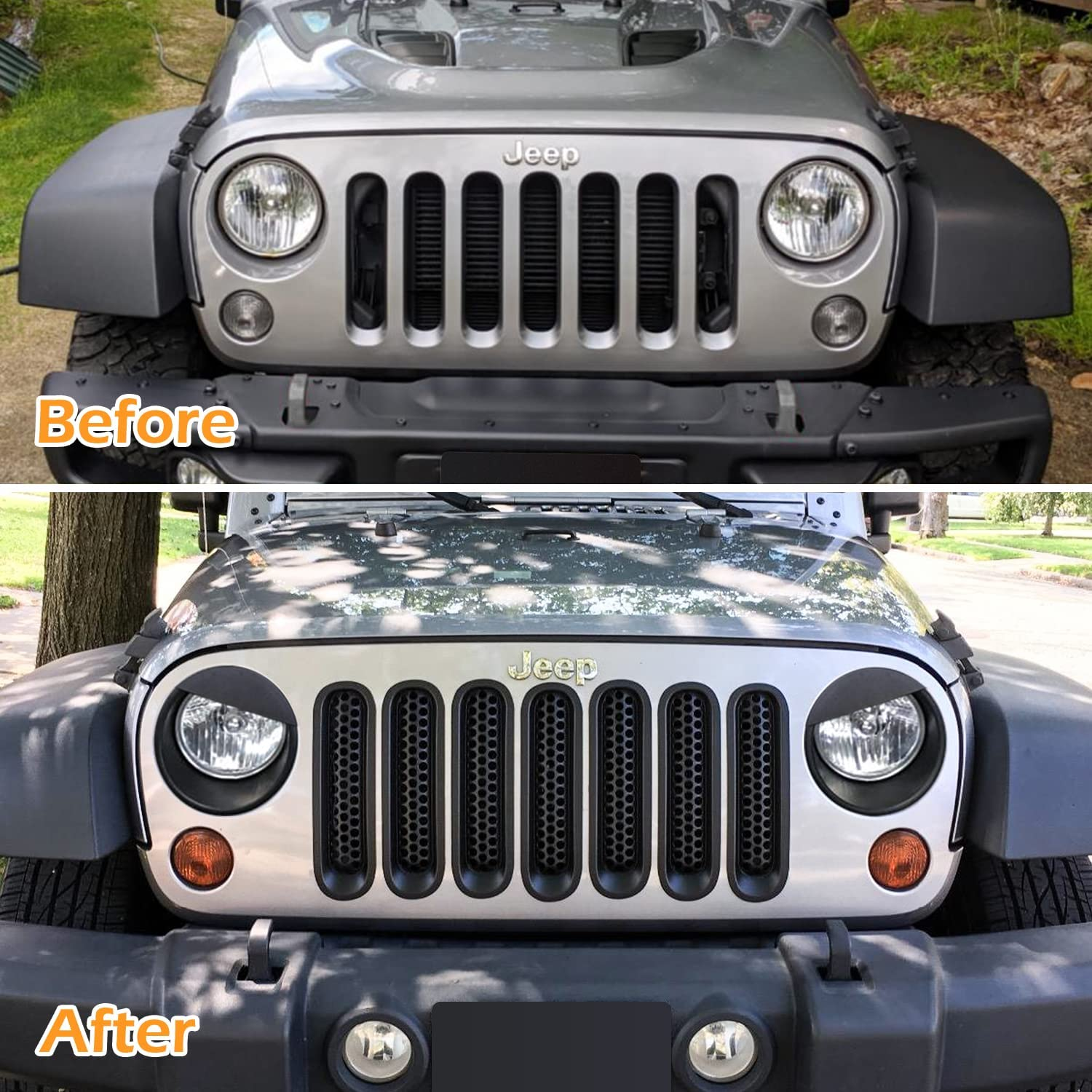 E-Cowlboy Front Grille Mesh Inserts & Headlight Cover for Jeep Wrangler JK JKU 2007~2017【Upgrade Matte Black Clip-On Version】 - Green image number 6