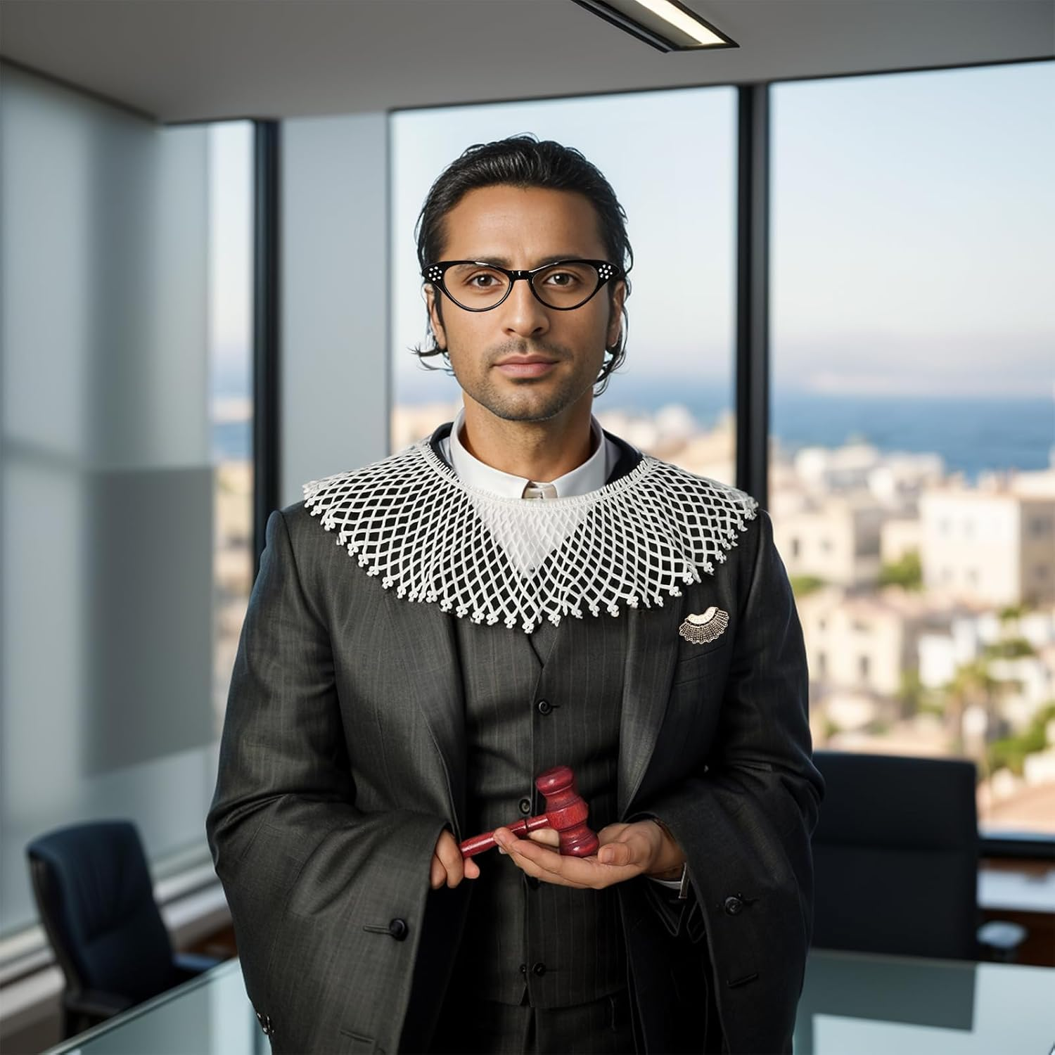 4Pcs Judge Costume Accessories Set for Women with Lace False Collar Gavel Glasses Judge Choker Pin Costume for Halloween