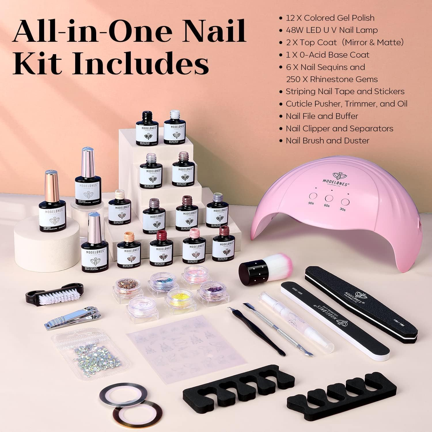 Modelones 12 Colors Gel Nail Polish Kit with U V Light 48W Nail Lamp Red Nude Gray Gel Polish Kit Gel Base and Top Coat Nail Glitters Striping Tapes Rhinestones Manicure Tools Salon Sets image number 4