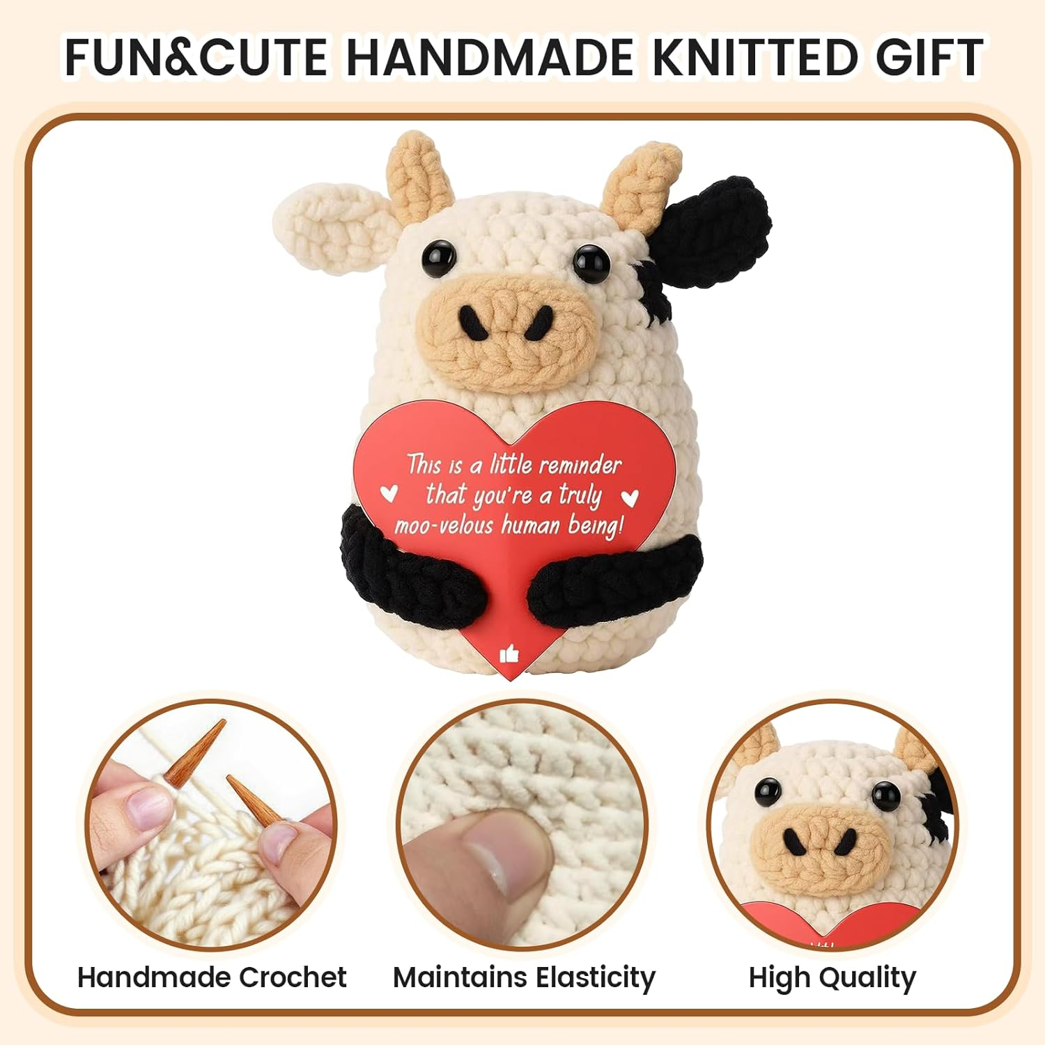 SZMDLX Positive Crochet Animals, Pocket Hug Positive Cow with Inspirational Cards in Gift Box, Emotional Support Good Luck Gifts for Women, Lucky Charm for Birthdays, Office & Home Desk Decor