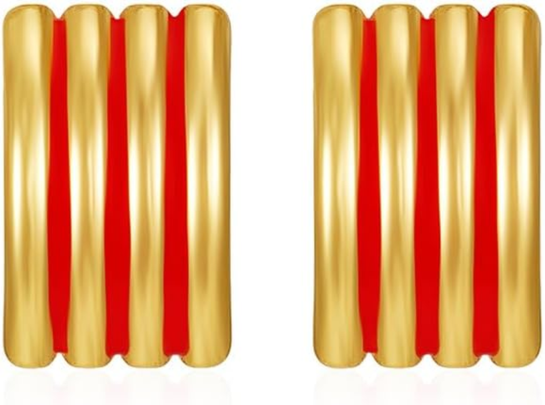 Staticlotus Internet Celebrity Square Stripe Rectangular Stripe Red Stainless Steel Earrings 18K Gold Ins Wind Explosion Earrings image number 3