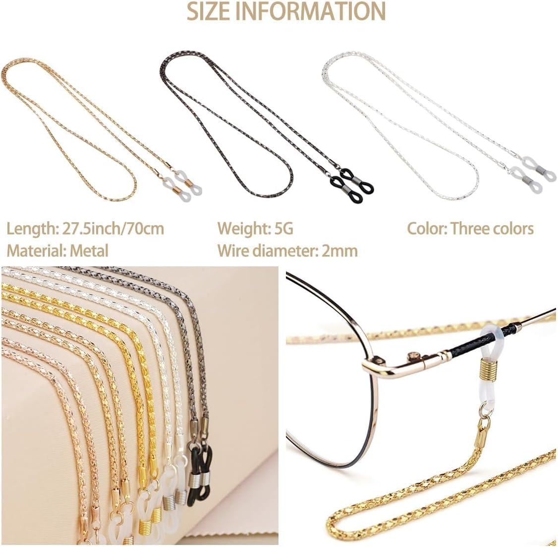 3Pcs Eyeglasses Lanyards Straps- Eye Glasses String Holder Chain,Glasses Holders Necklace for Men Women (Blackwhitegold) image number 6