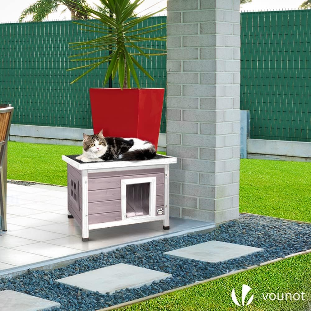 VOUNOT Cat House Outdoor with Kennel Door Privacy Window Cat Wooden Shelter 57X45X43Cm, Grey