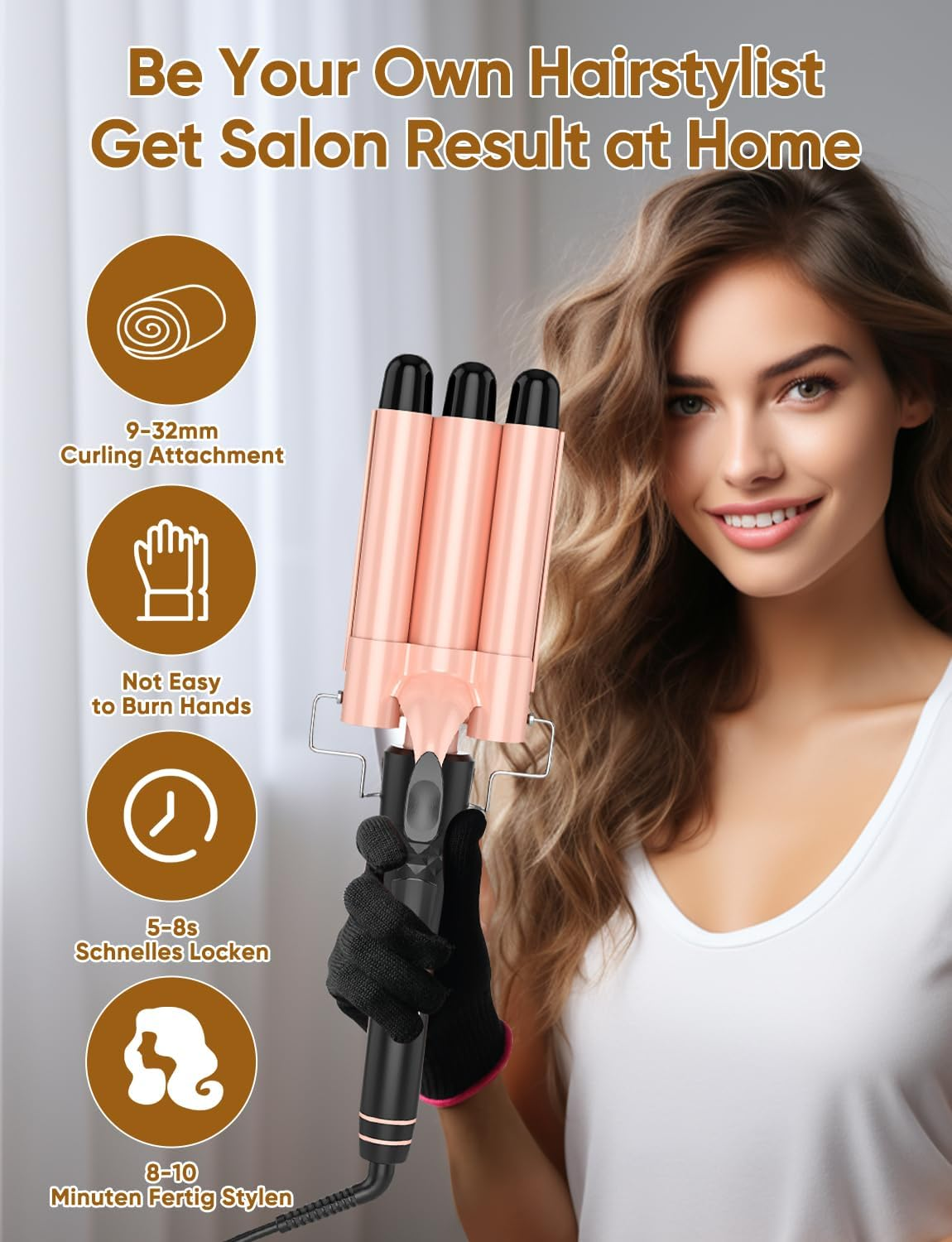 OBVHNUA 5 in 1 Hair Curler Set Hair Curling Wand 9-32Mm Ceramic Curling Iron with PTC Fast Heating 2 Adjustable Temperature Professional Hair Waver with 2M 360&deg; Rotatable Cable and Anti-Scald Glove image number 3