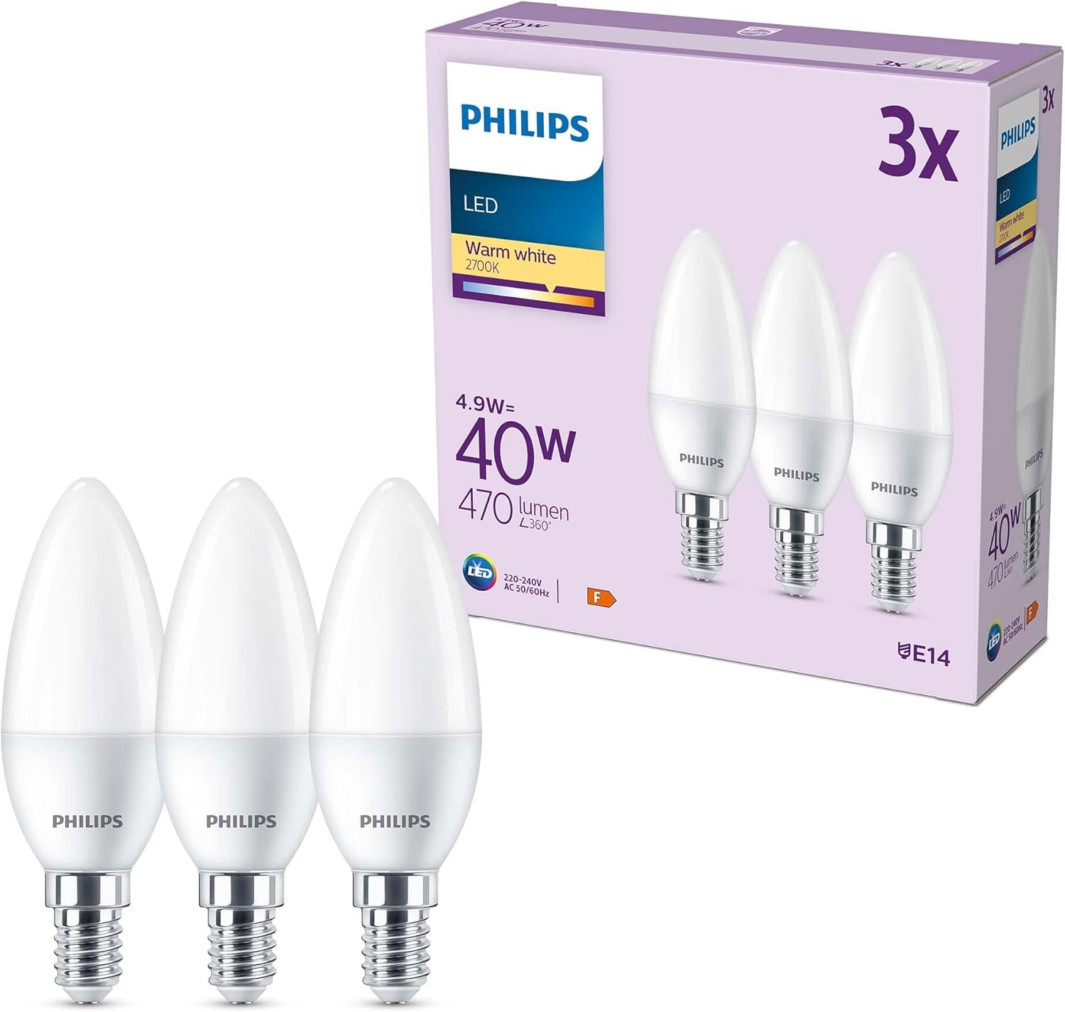 PHILIPS LED Frosted B35 Candle Light Bulb 3 Pack [Warm White 2700K - E14 Small Edison Screw] 40W, Non Dimmable. for Home Indoor Lighting