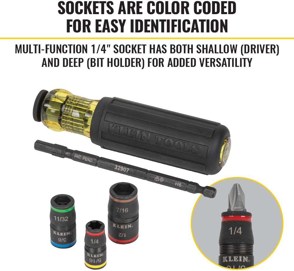 Klein Tools Impact Driver, 7-In-1 Impact Flip Socket Set with Handle, 6 Hex Driver Sizes plus a 1/4-Inch Bit Holder 32900 image number 5