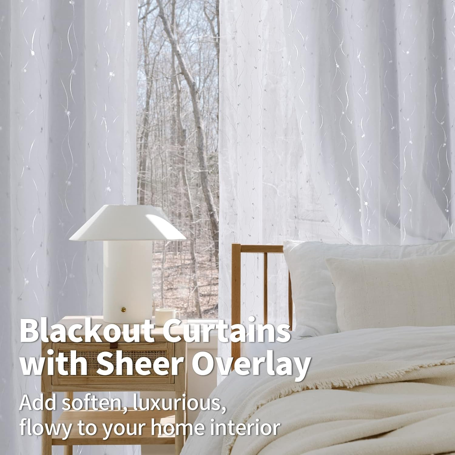 Bgment White Blackout Curtains with Sheer Overlay, Double Layer Nursery Drapes Grommet Silver Printed Thermal Insulated Panels for Bedroom/Living/Kide Room, 2 Panels Each 52 X 84 Inch, Greyish White image number 5