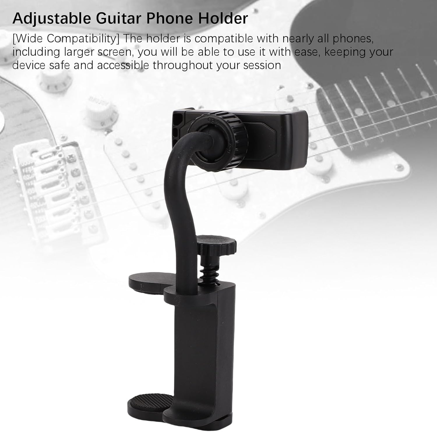 POENVFPO Guitar Phone Holder, Adjustable & Rotatable, Suitable for Smart Phones & Necks of Stringed Instruments, Black image number 1