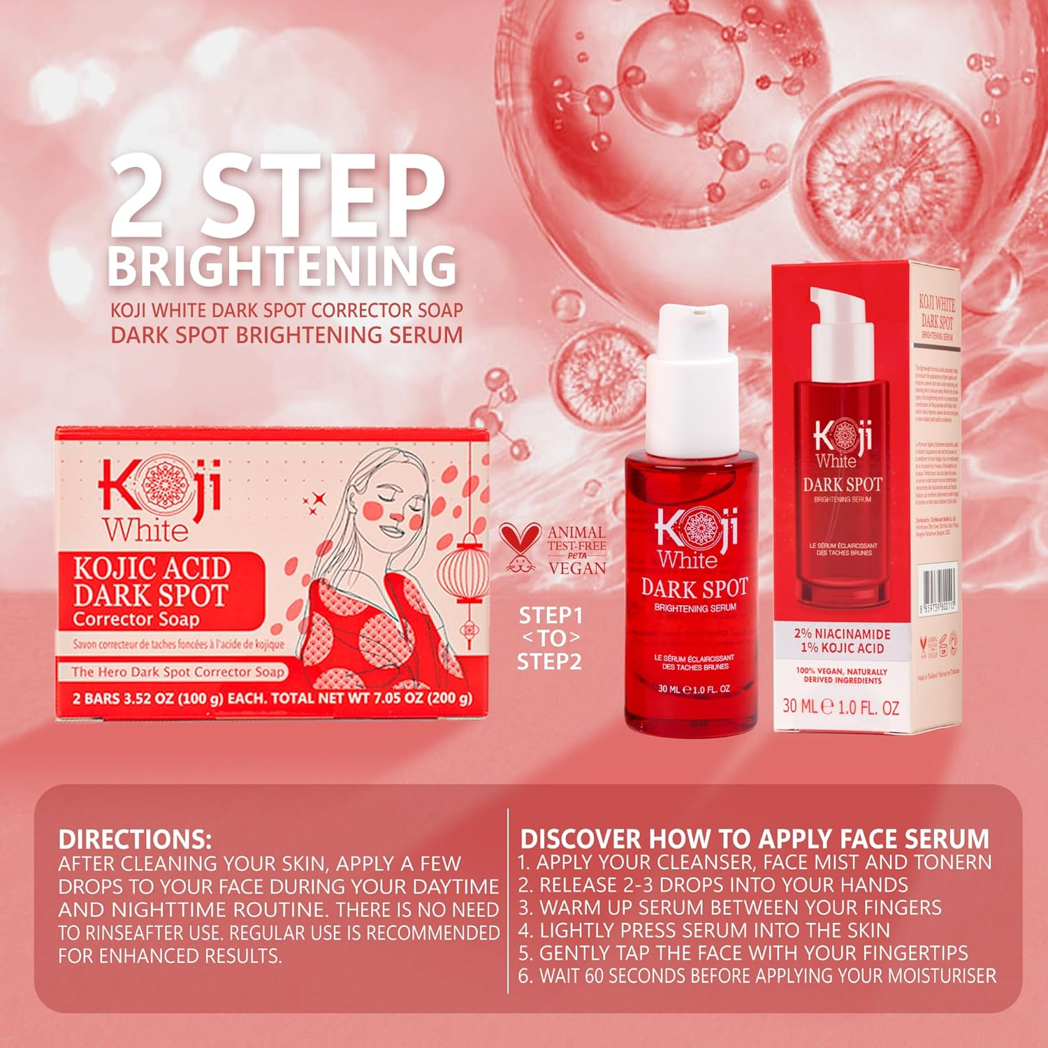 Koji White Dark Spot Brightening Serum for Face with Kojic Acid, Niacinamide, 8X Hyaluronic Acid from Korean for Face Moisturizer, Hydrating, Nourishing - Uneven Skin Tone, Vegan 1 Fl.Oz image number 3