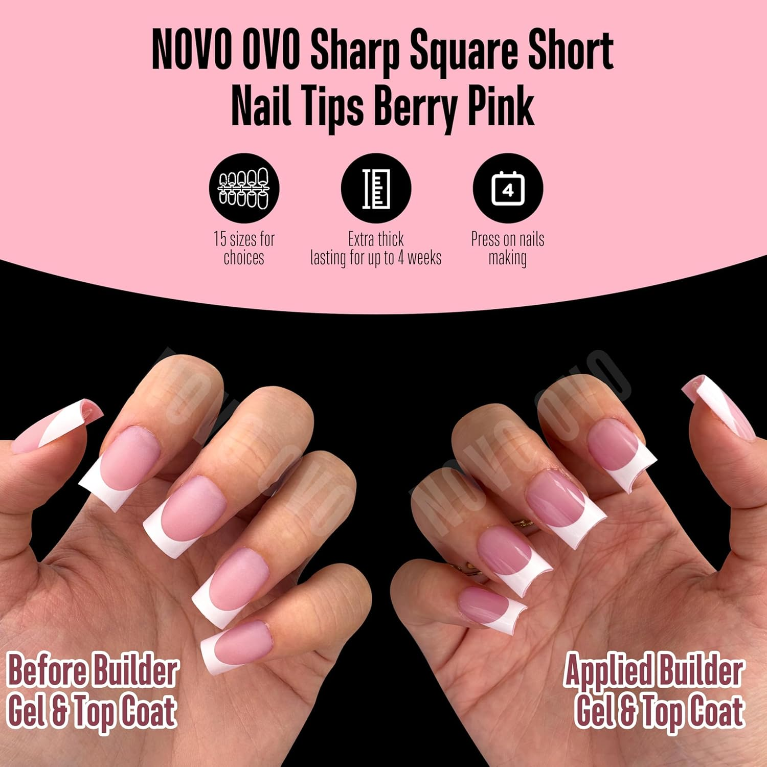 NOVO OVO Short Sharp Square White French Tip Nail Tips Press on BERRY PINK, Need Builder Gel Top Coat Nail Glue,Soft Gel Fake Nail Extension, Full Cover False Nails for Salon DIY X15 Sizes 240 Pcs image number 2