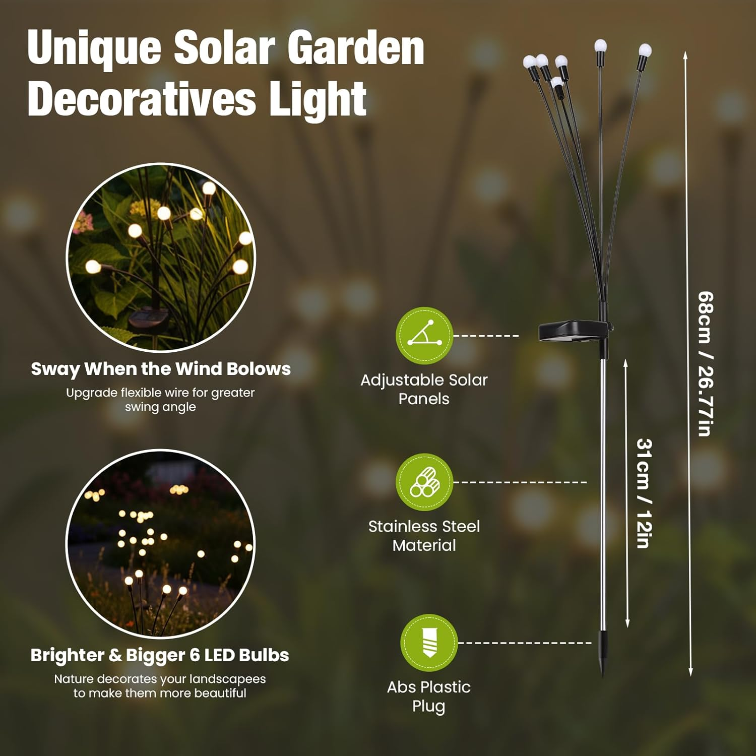 Advwin Solar Garden Lights 8 Pack, Solar Firefly Lights Waterproof IP44, 48 Led Swing Garden Lights, Outdoor Decorative Lights for Yard Lawn Patio Party Wedding Halloween Christmas, Warm Light image number 2