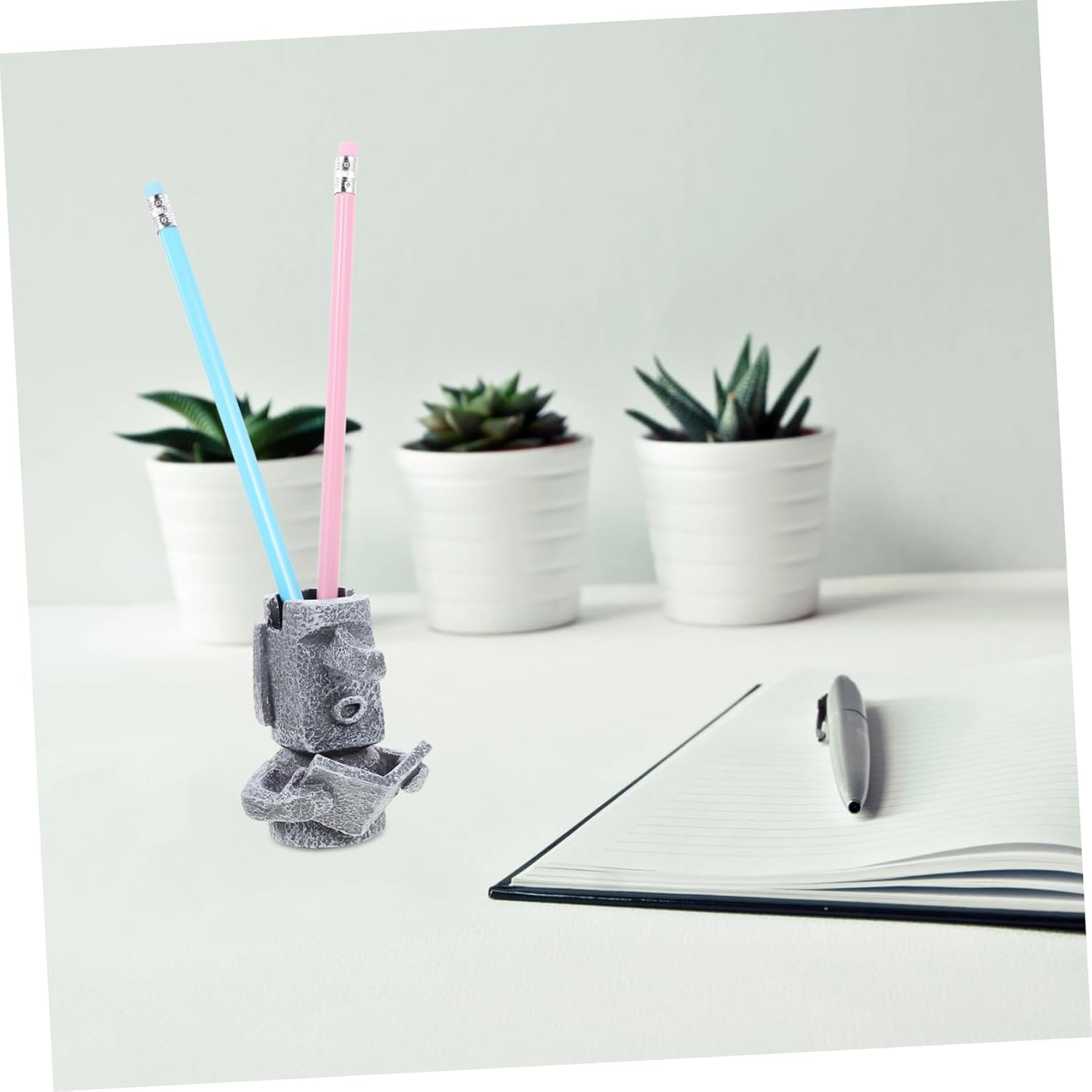 LAPYAPPE 1Pc Gray Resin Moai Statue Eyeglasses Holder Pen Organizer Multipurpose Desk Decoration for Office Stylish Storage for Pens Pencils Accessories image number 3