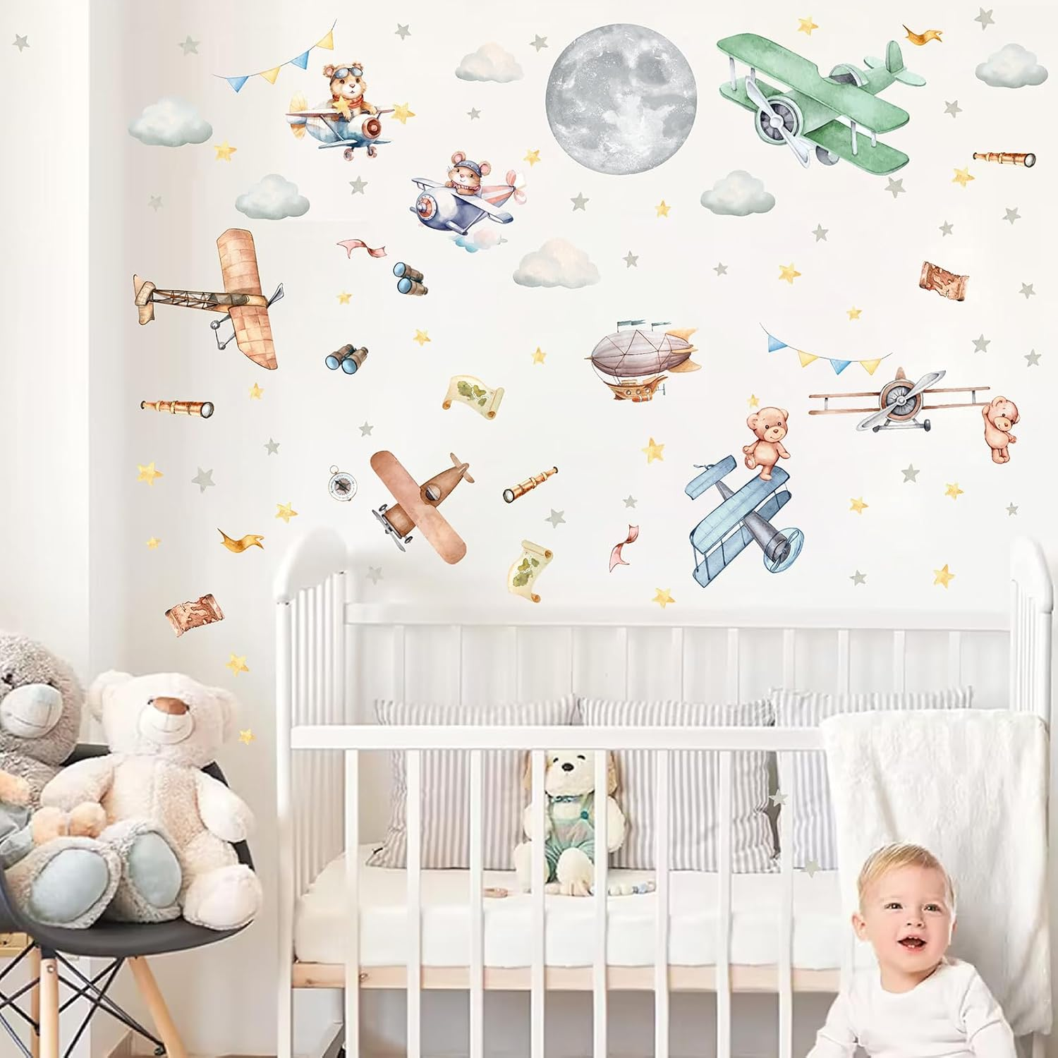 Vintage Airplane Wall Decals Cartoon Aircraft Balloon Animal Wall Stickers Moon Star Cloud Fabric Wall Stickers Cute Helicopter Watercolor Plane Wall Decals for Boys Room Kids Bedroom Nursery Decor image number 1